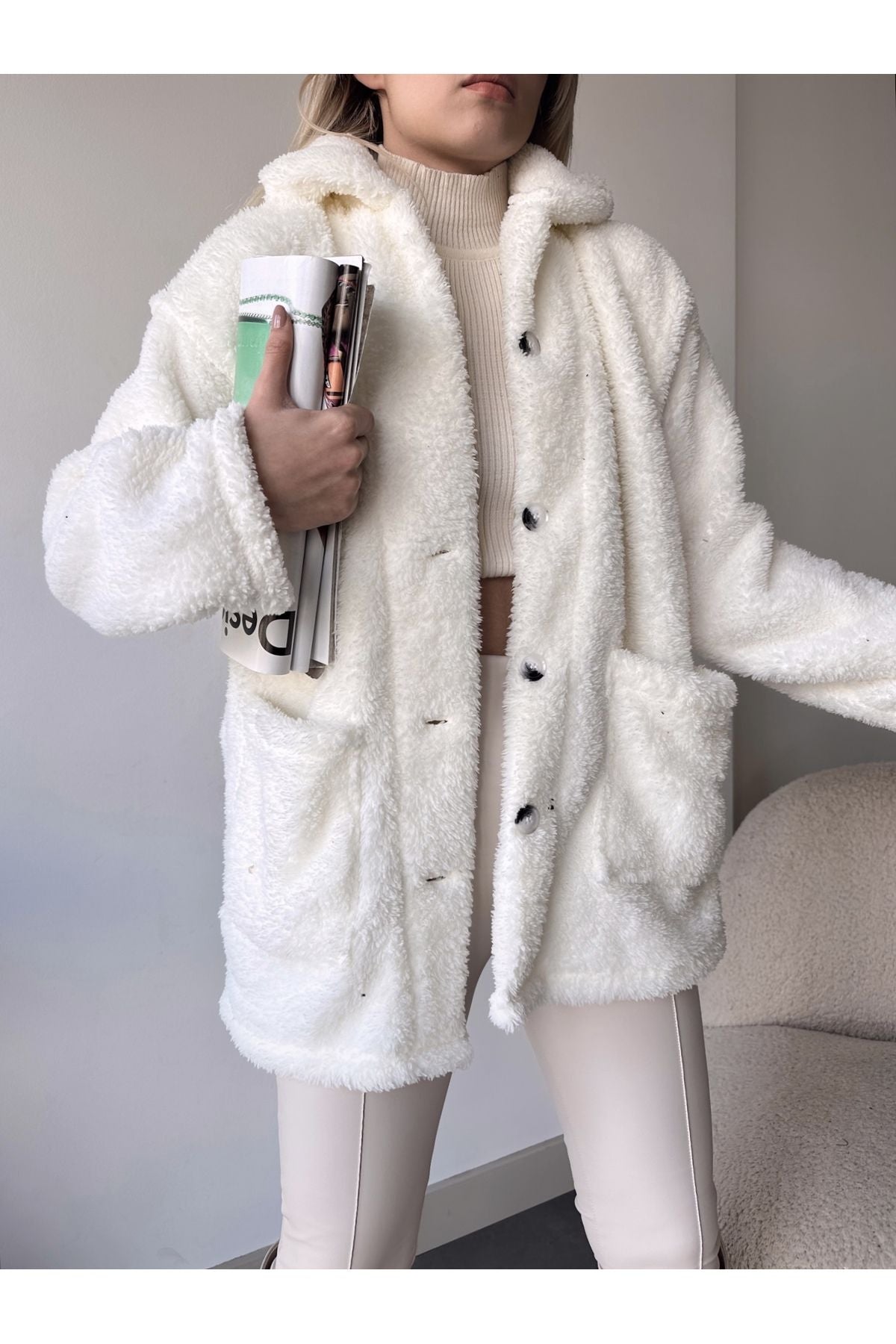 Oversized Button-Front White Plush Jacket for Women