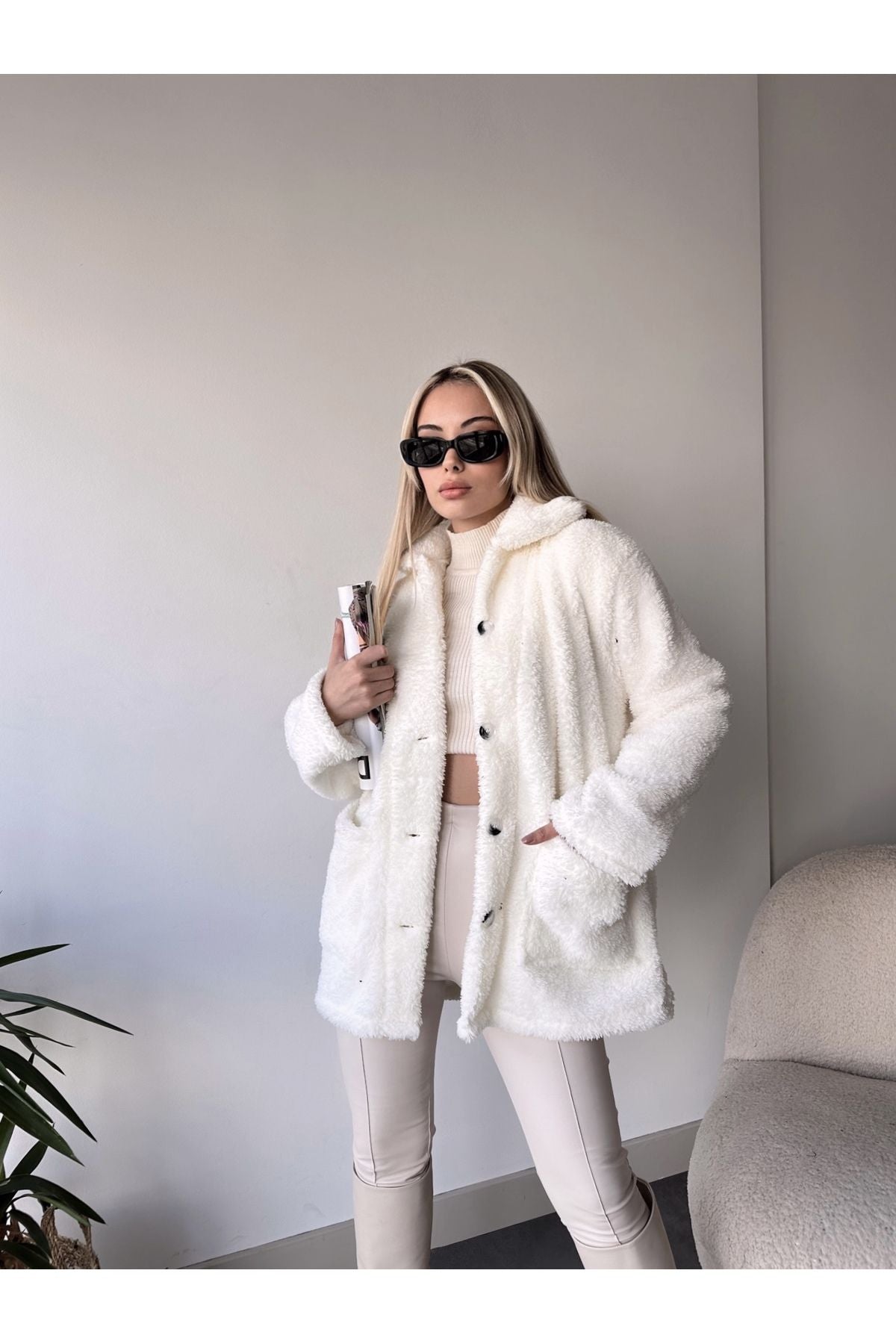 Oversized Button-Front White Plush Jacket for Women