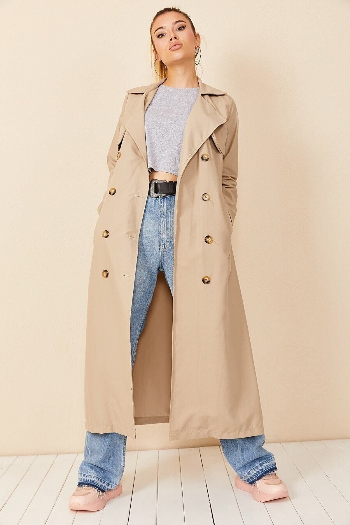 Double-Breasted Collar Skin Color Trench Coat Button-Front Detail for Women