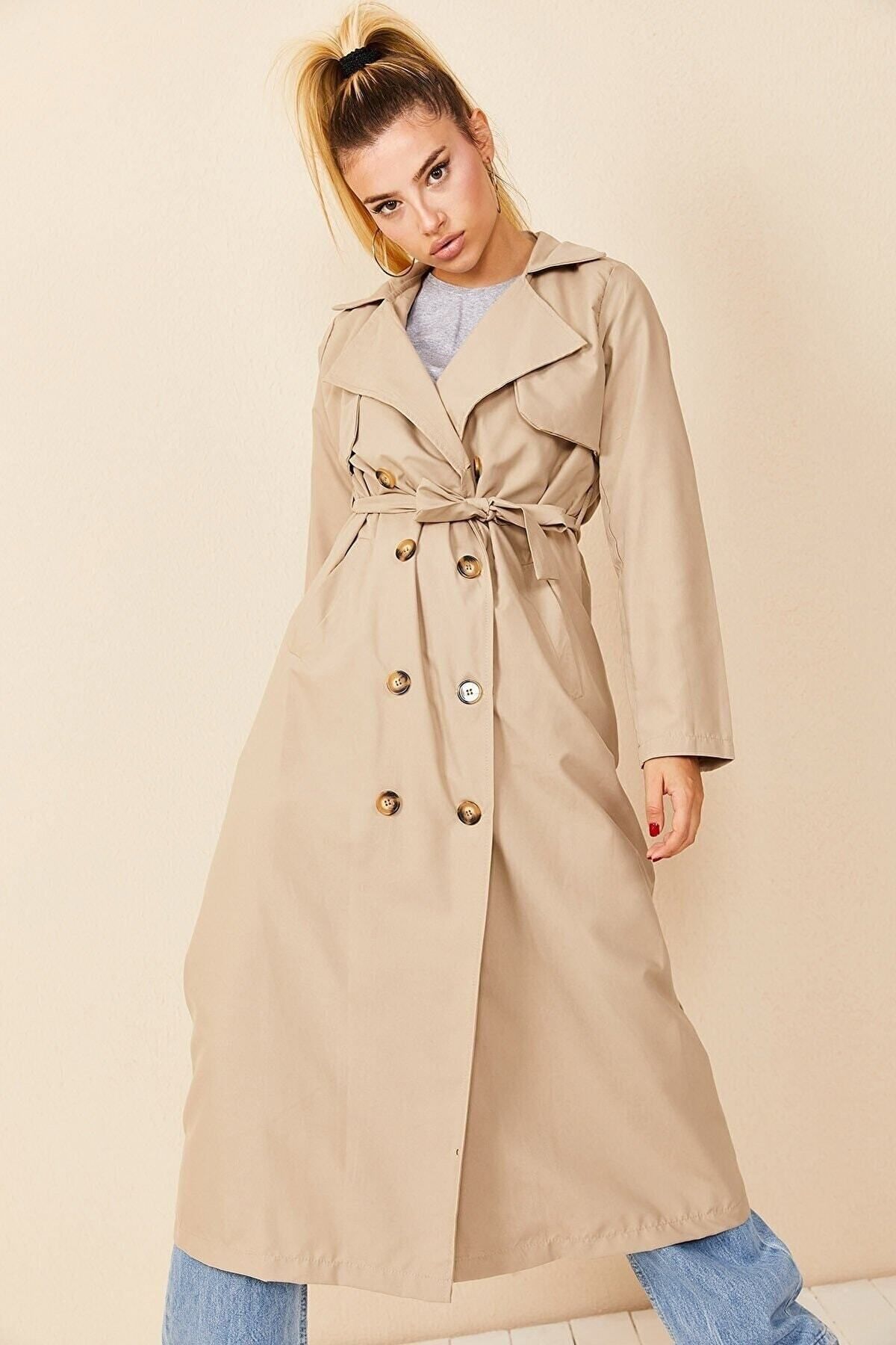 Double-Breasted Collar Skin Color Trench Coat Button-Front Detail for Women