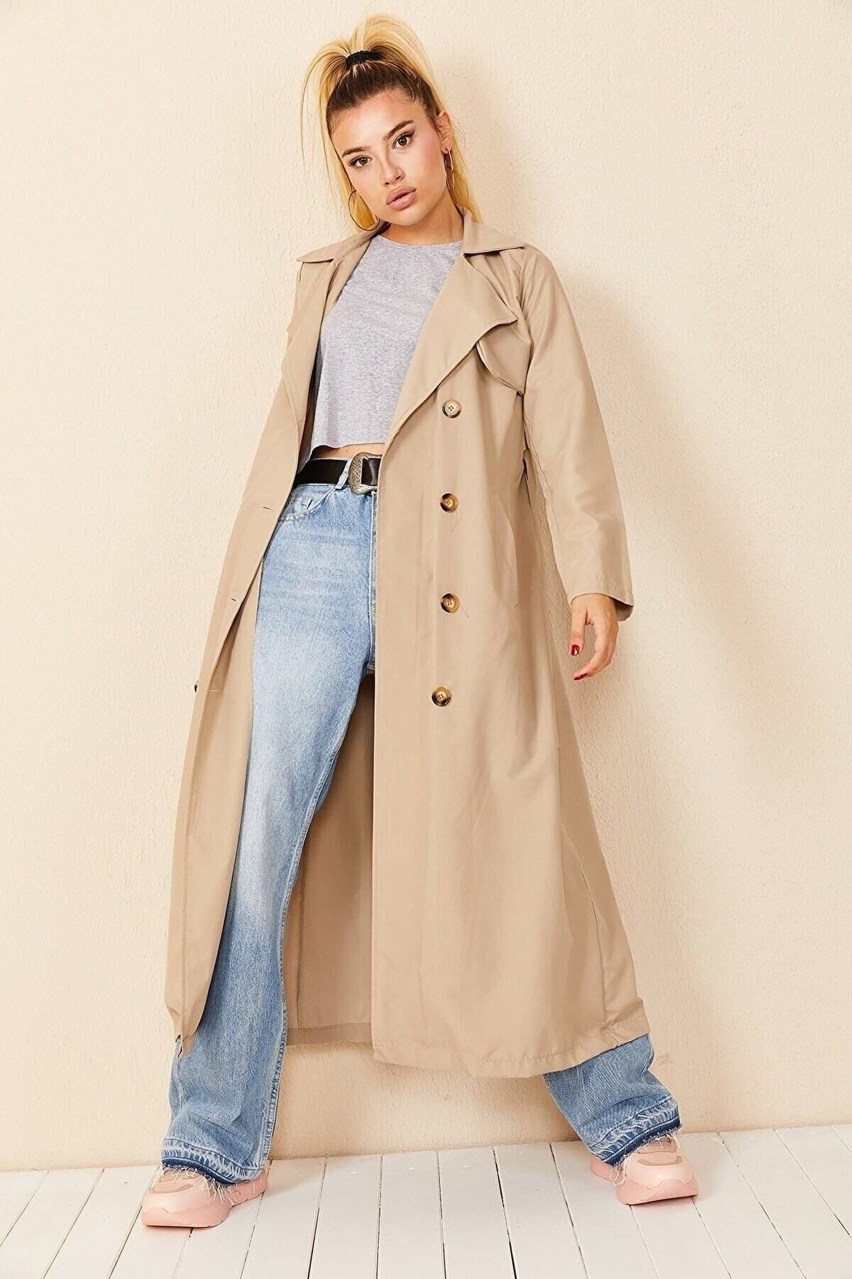 Double-Breasted Collar Skin Color Trench Coat Button-Front Detail for Women