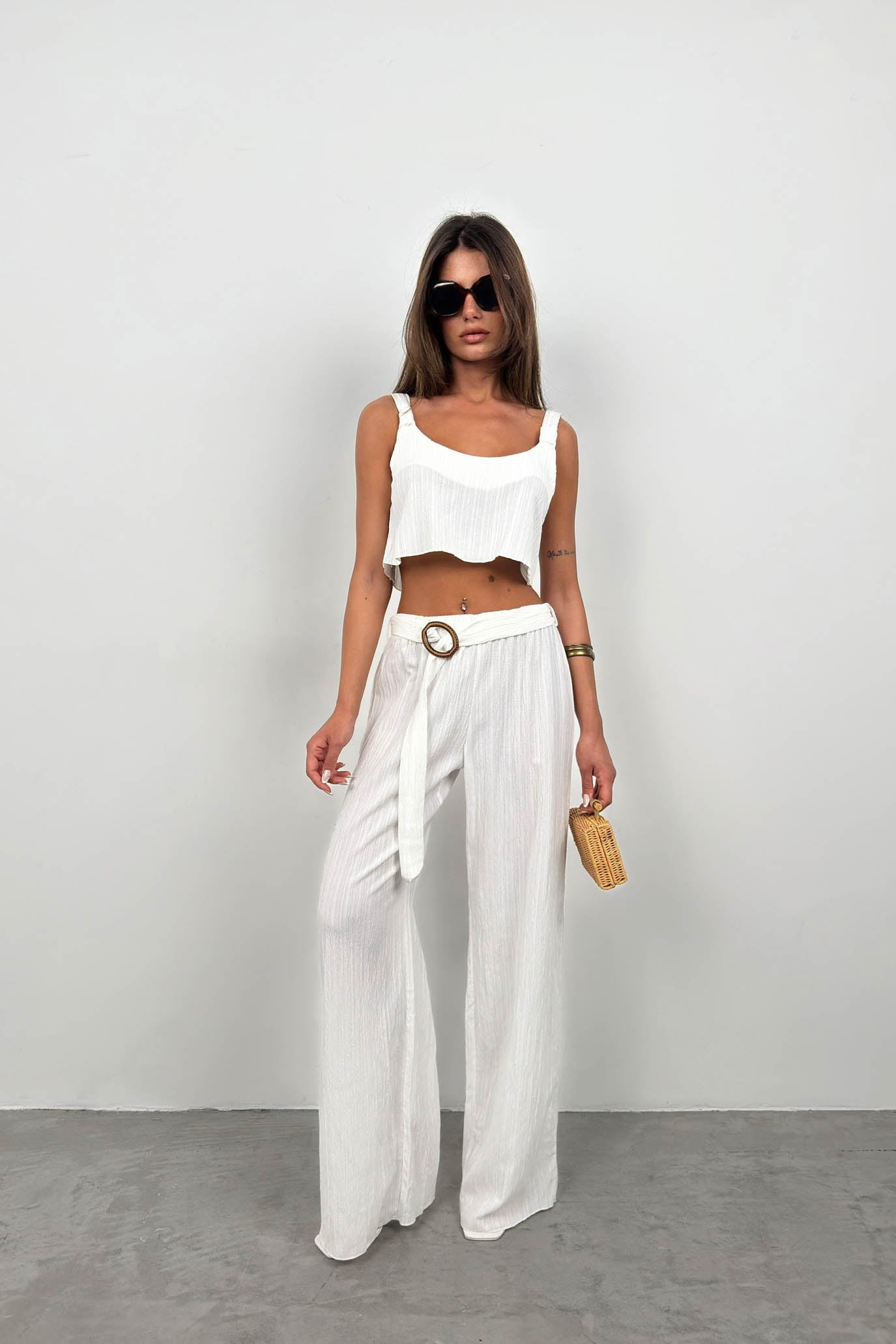 Belted Trouser Set with Cropped Blouse for Women