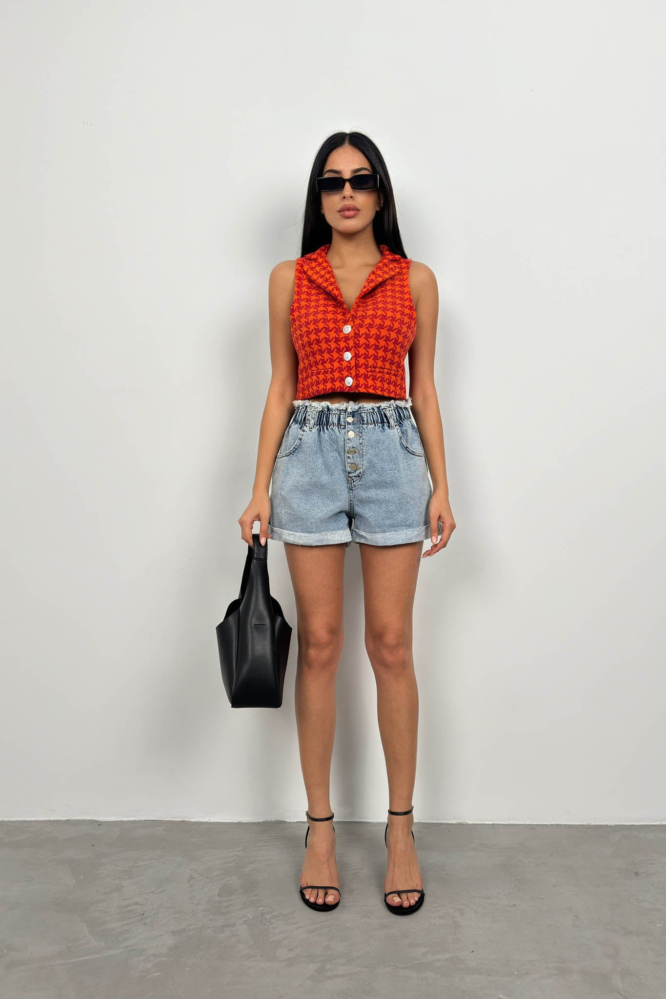 Houndstooth Pattern Orange Cropped Vest for Women