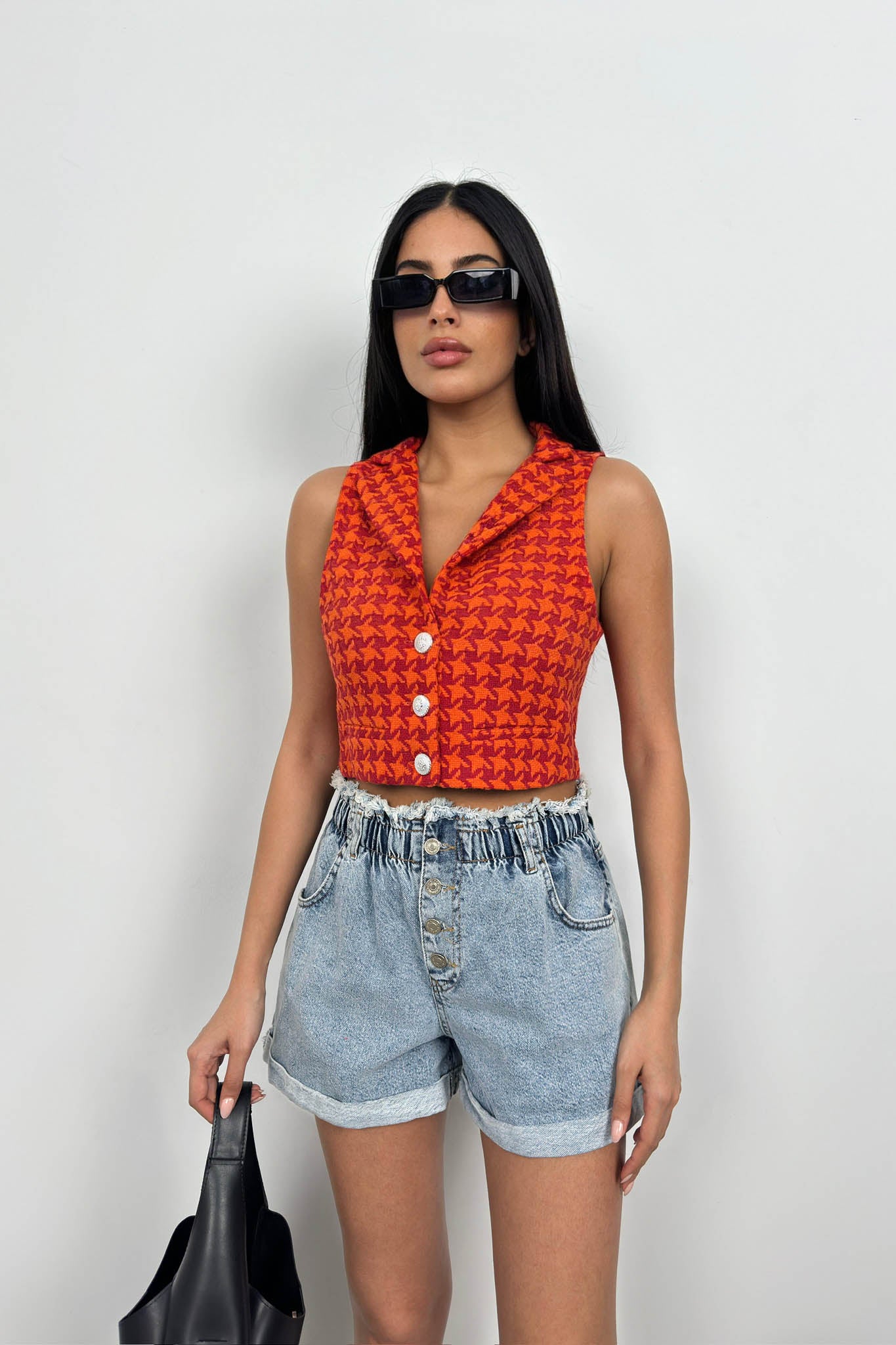 Houndstooth Pattern Orange Cropped Vest for Women