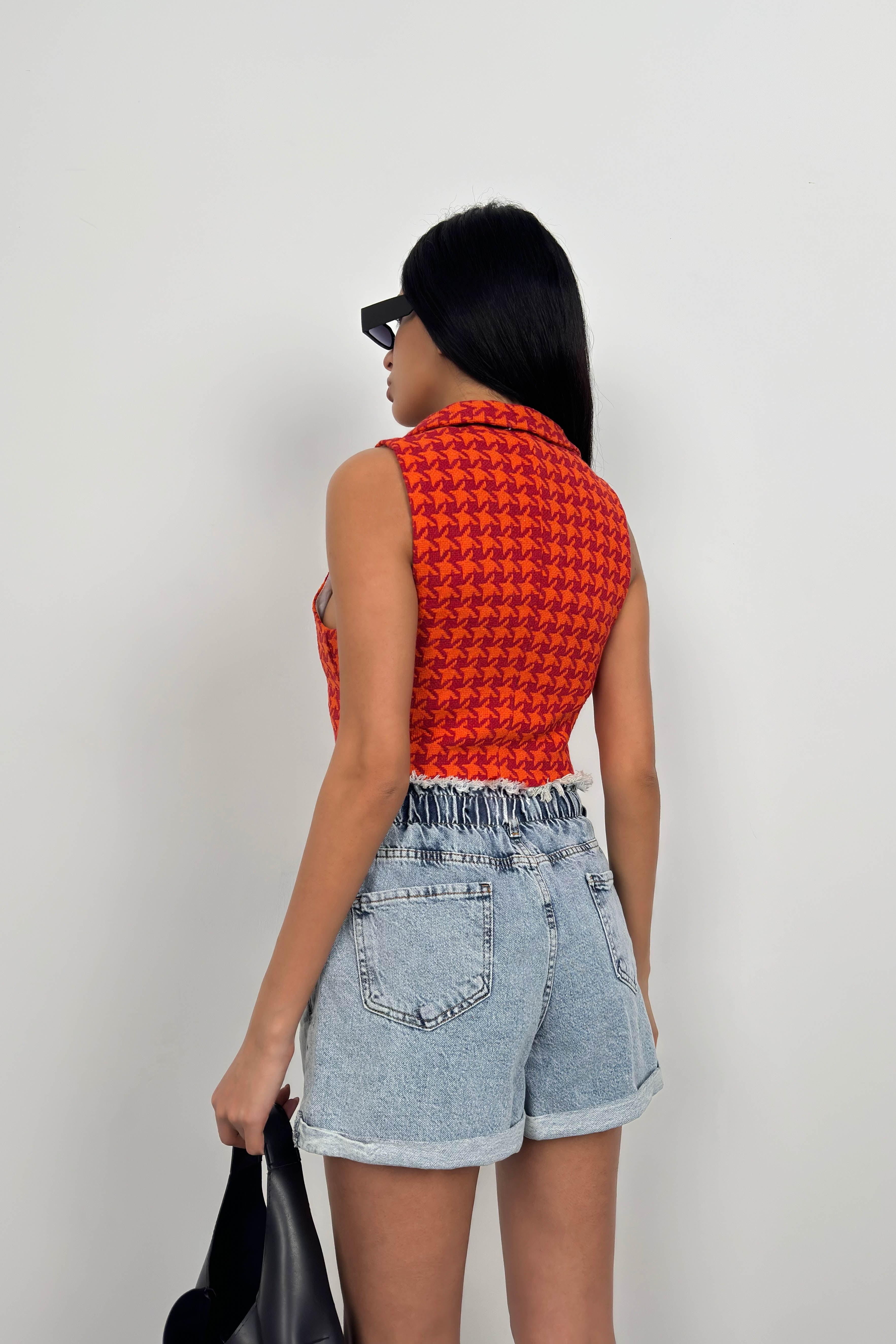 Houndstooth Pattern Orange Cropped Vest for Women