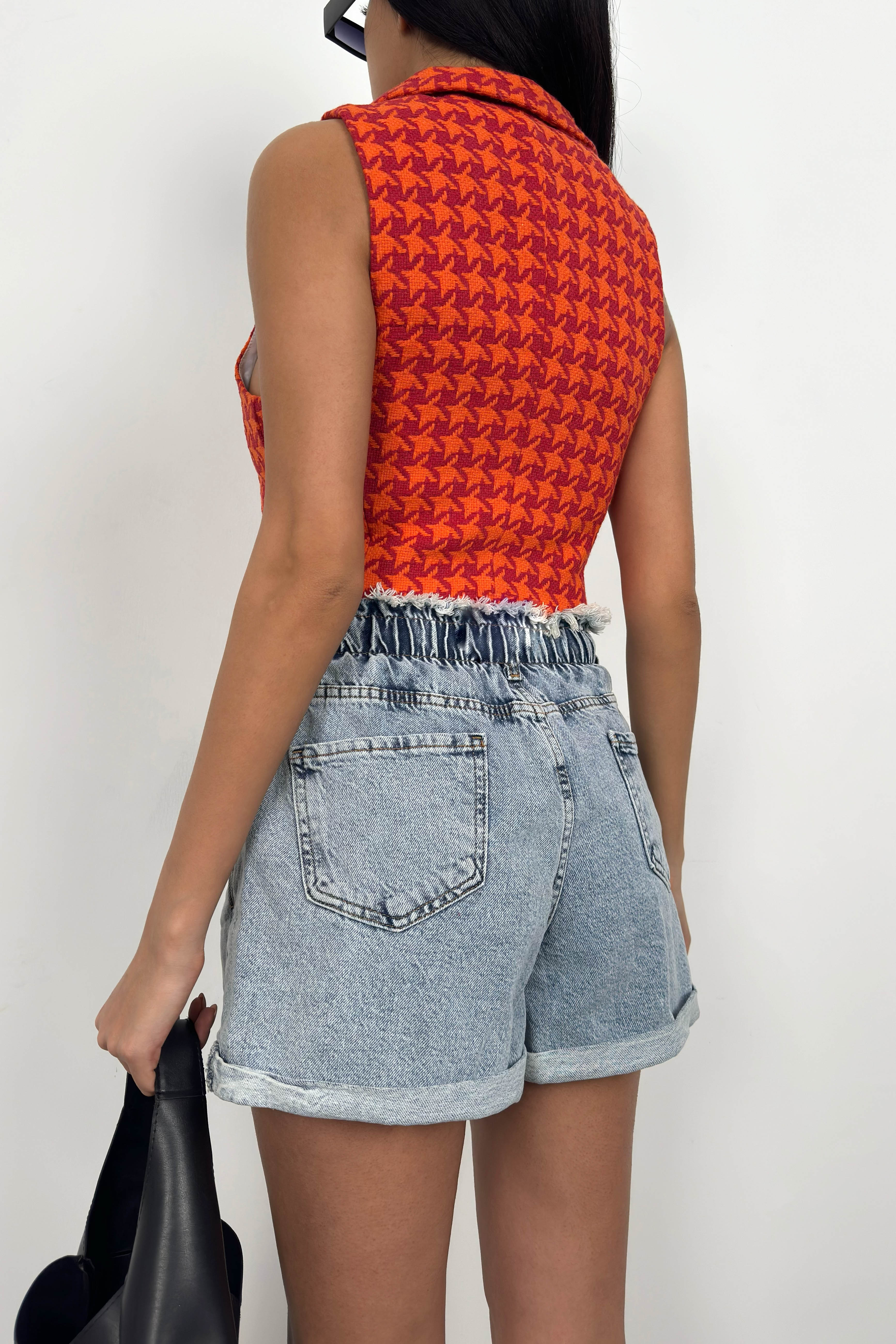 Houndstooth Pattern Orange Cropped Vest for Women