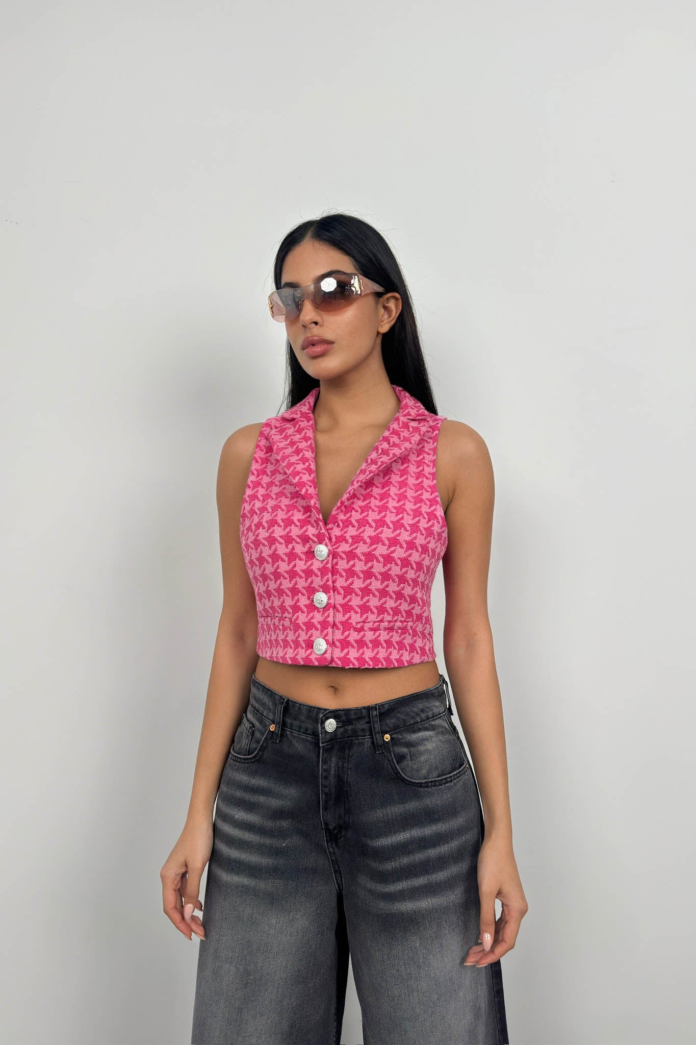 Houndstooth Pattern Pink Cropped Vest for Women