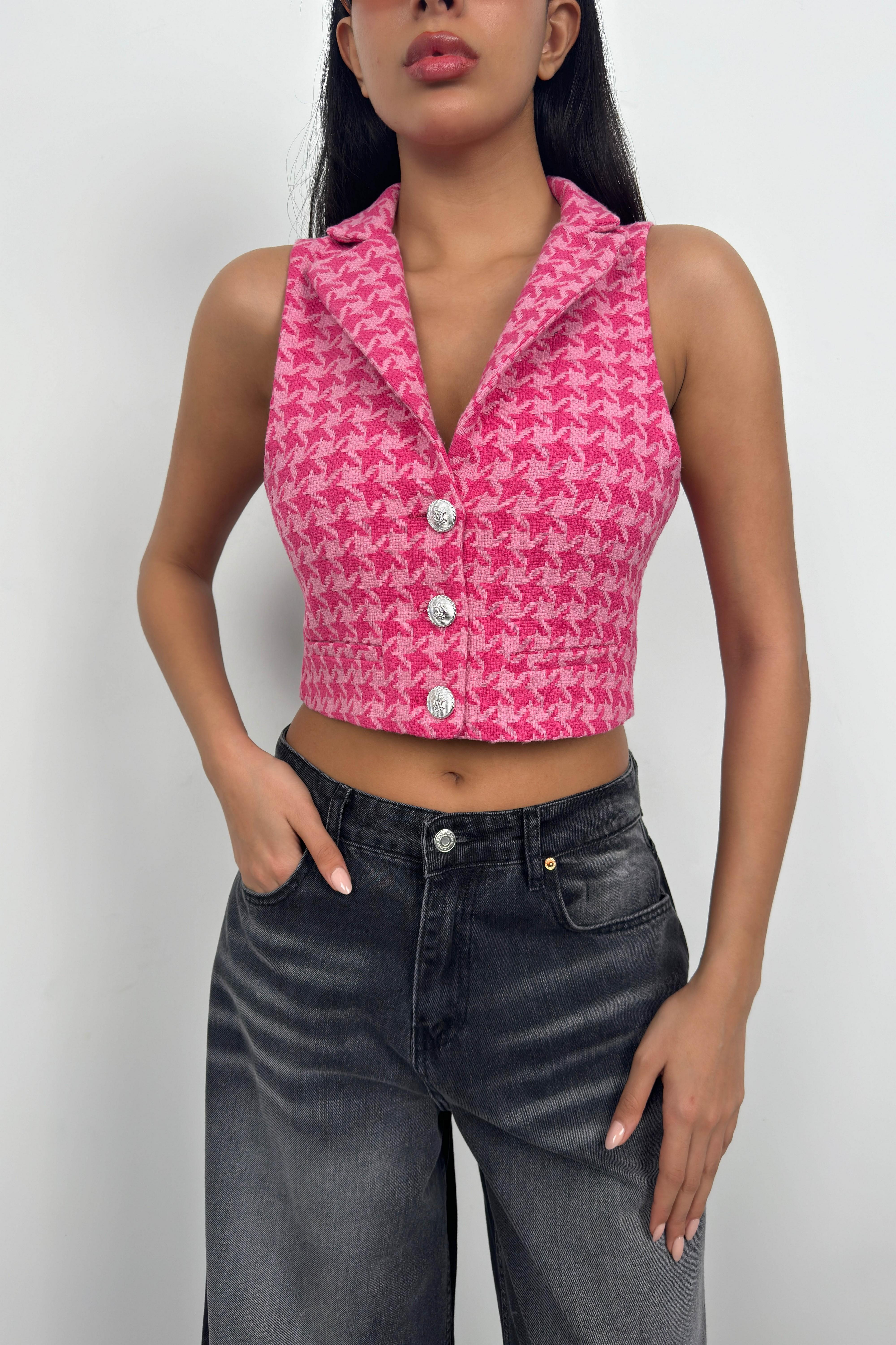 Houndstooth Pattern Pink Cropped Vest for Women