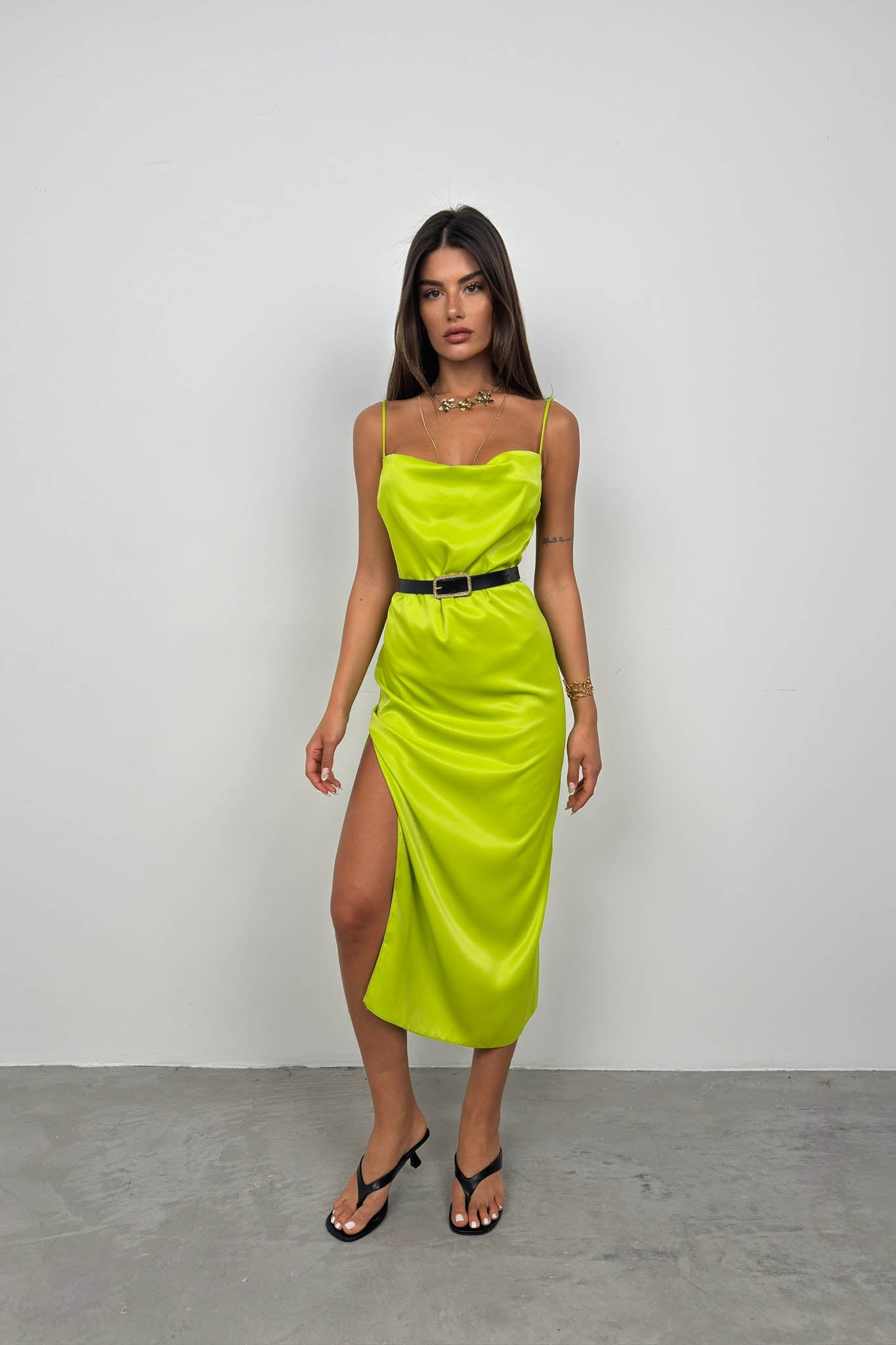 Thin Strap Slit Detail Green Satin Midi Dress