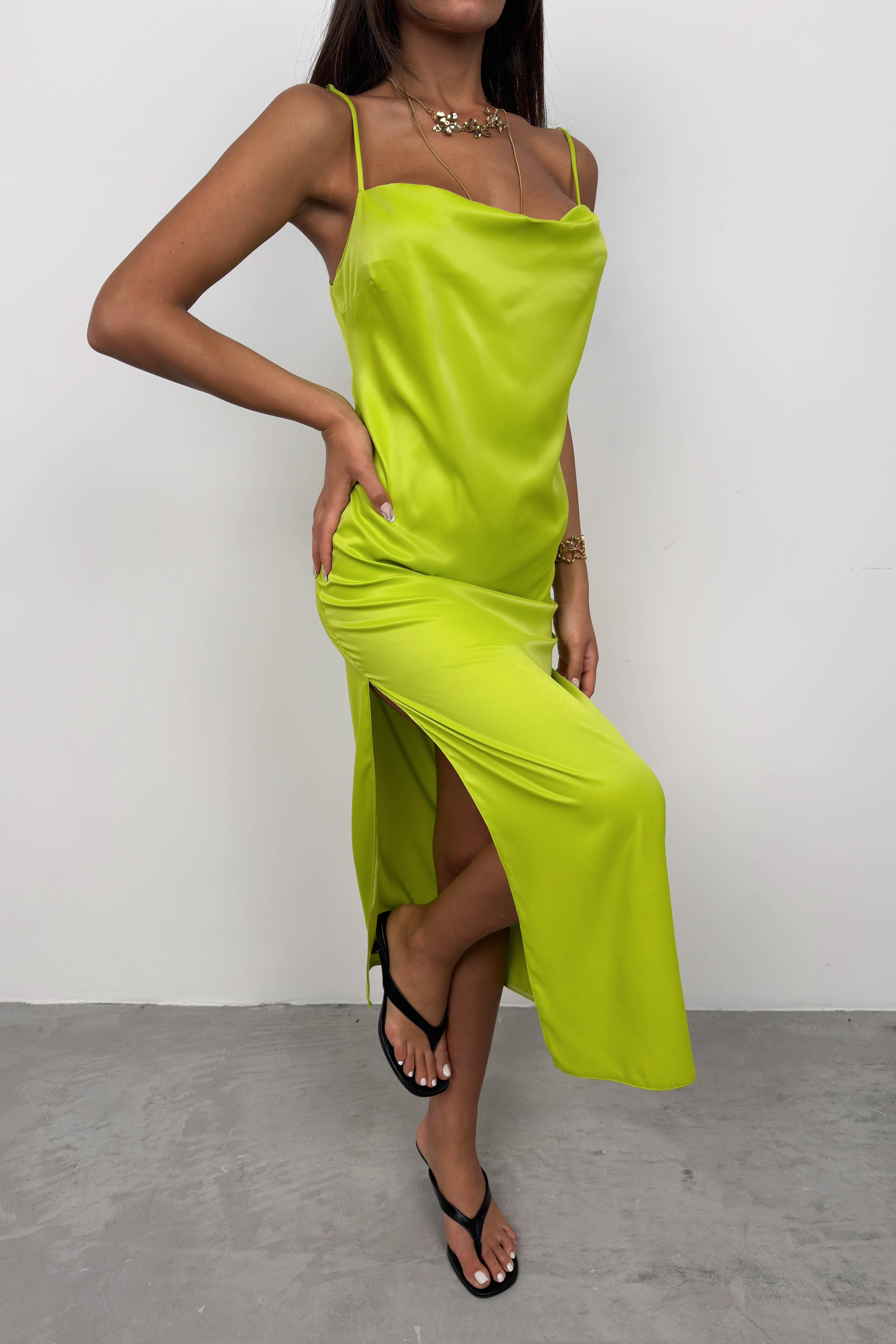 Thin Strap Slit Detail Green Satin Midi Dress