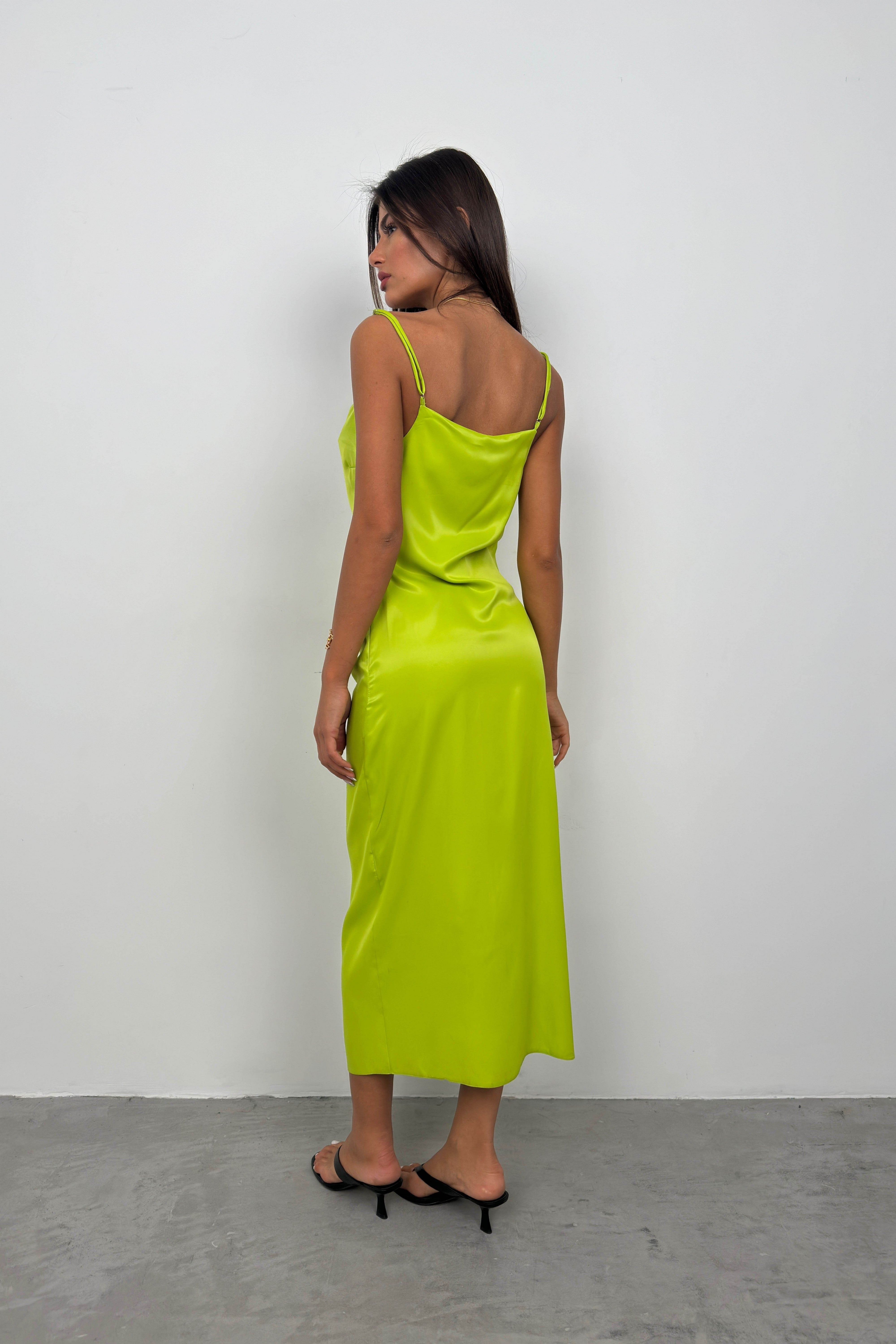 Thin Strap Slit Detail Green Satin Midi Dress