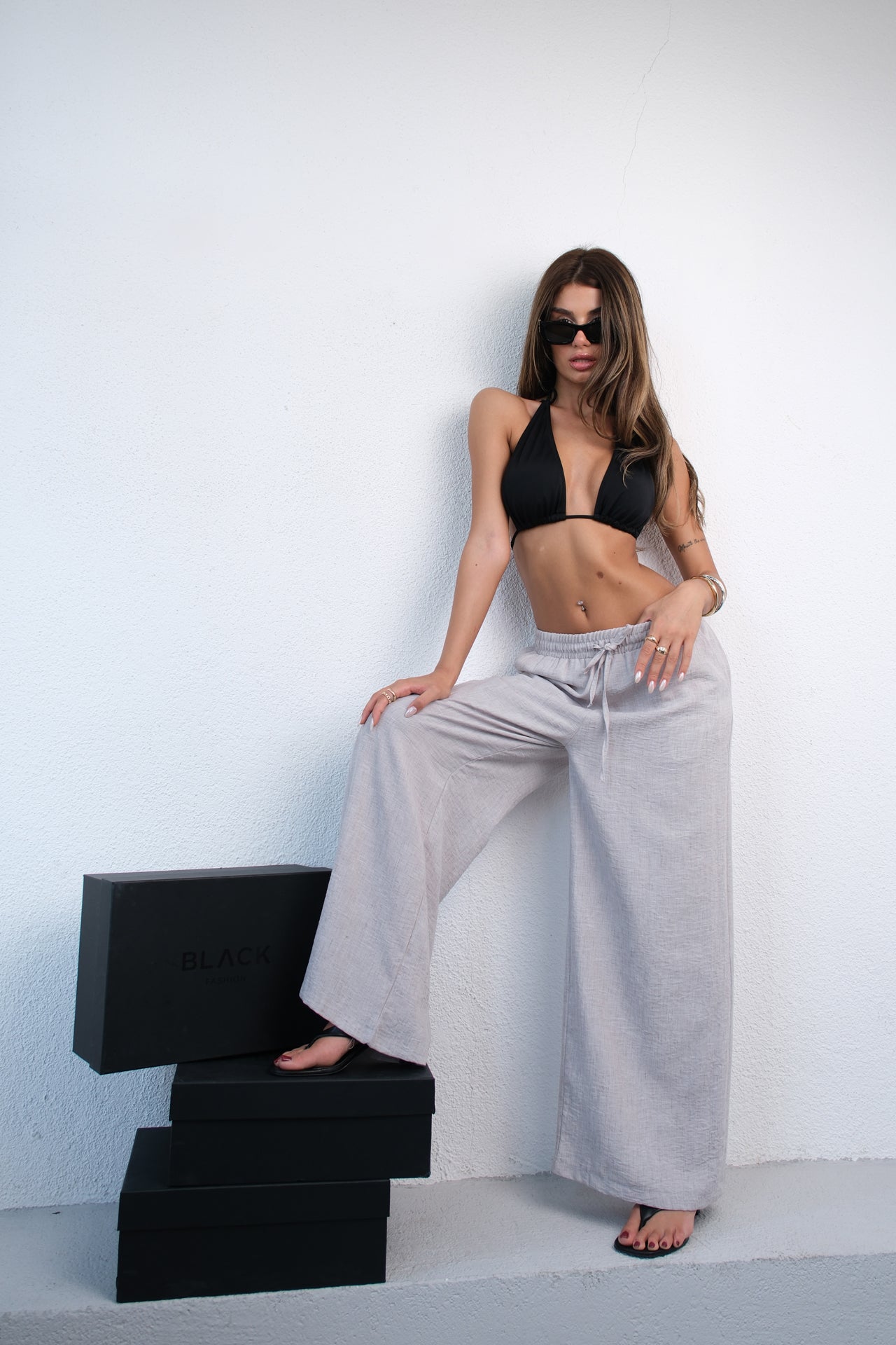 Elastic Waist Detailed Gray Pants for Women