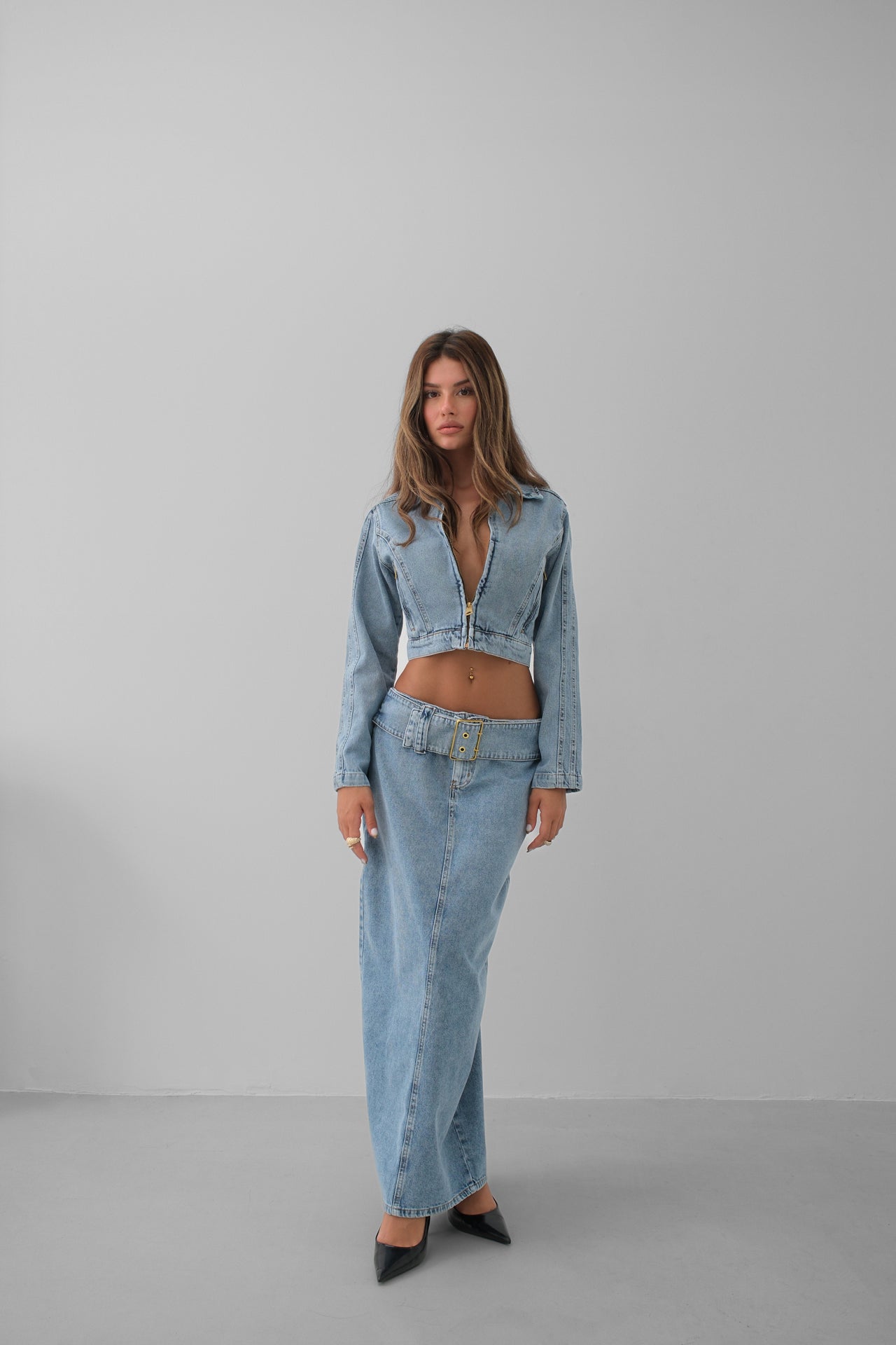 Belted Light Blue Denim Maxi Skirt for Women