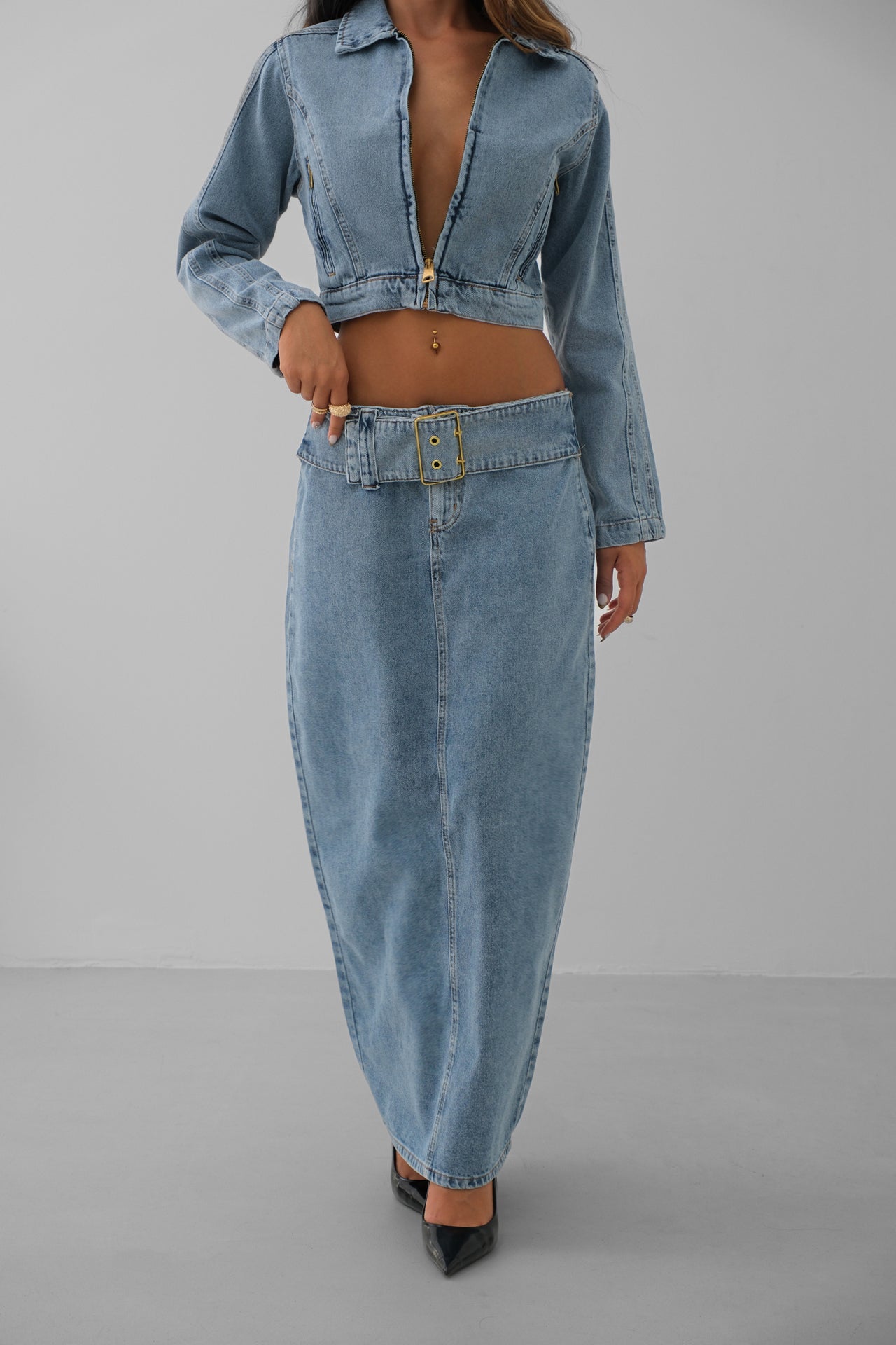 Belted Light Blue Denim Maxi Skirt for Women