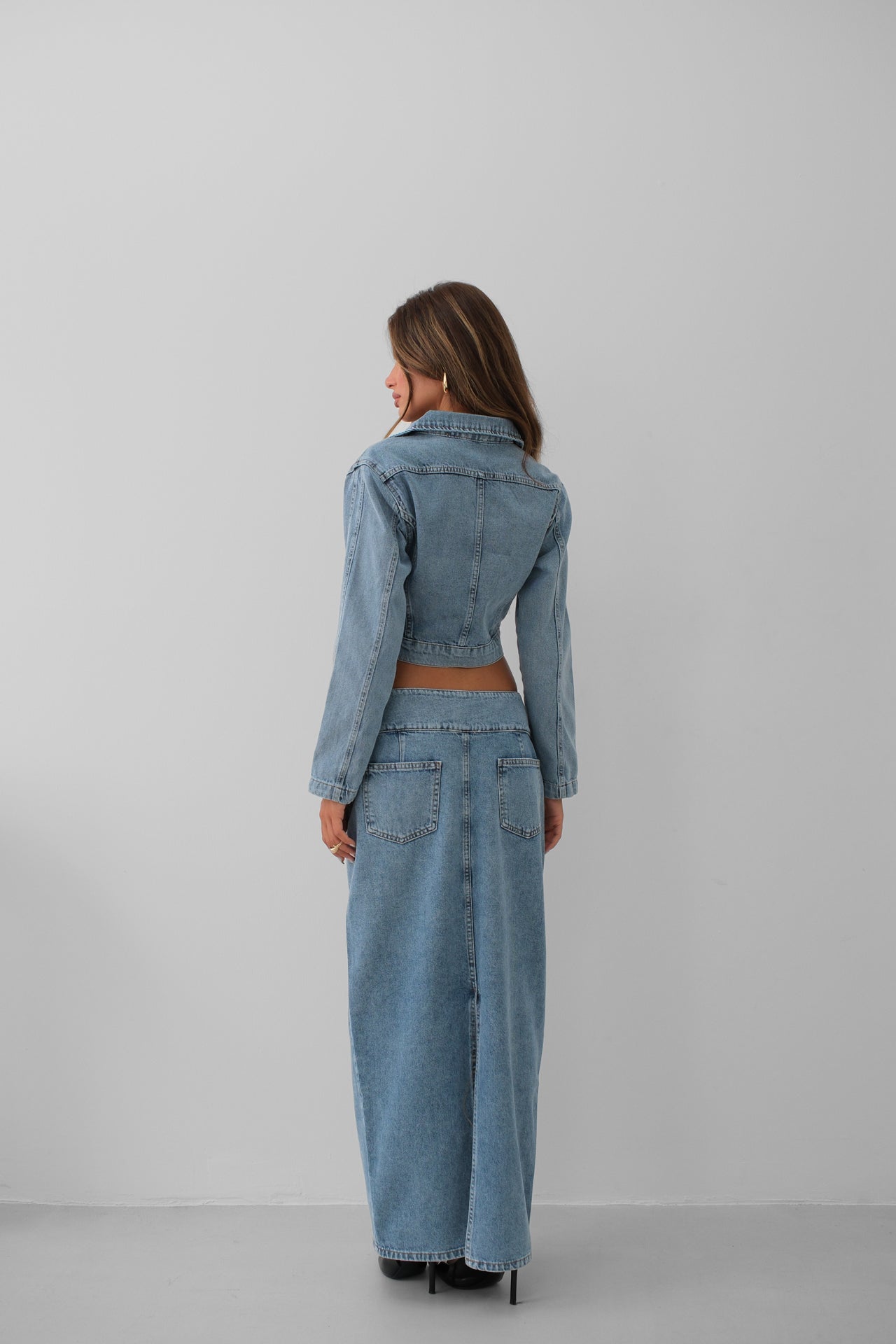 Belted Light Blue Denim Maxi Skirt for Women