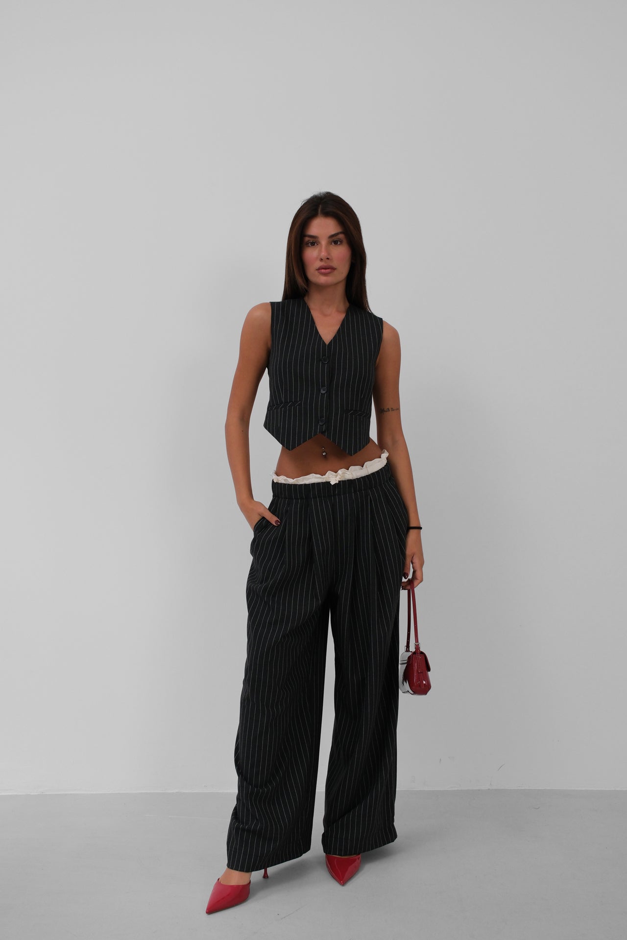 Satin Garnished Low Waist Striped Trousers