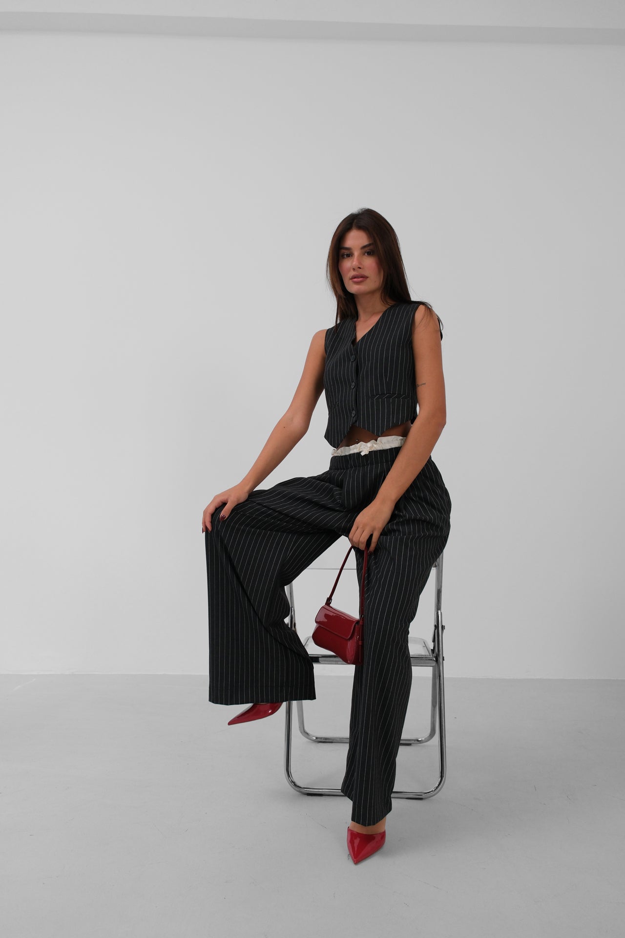 Satin Garnished Low Waist Striped Trousers