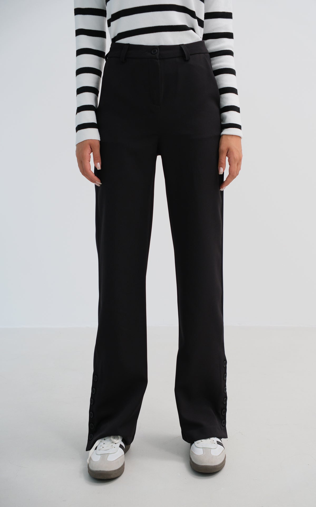 High Waist Black Trousers with Button Detail for Women