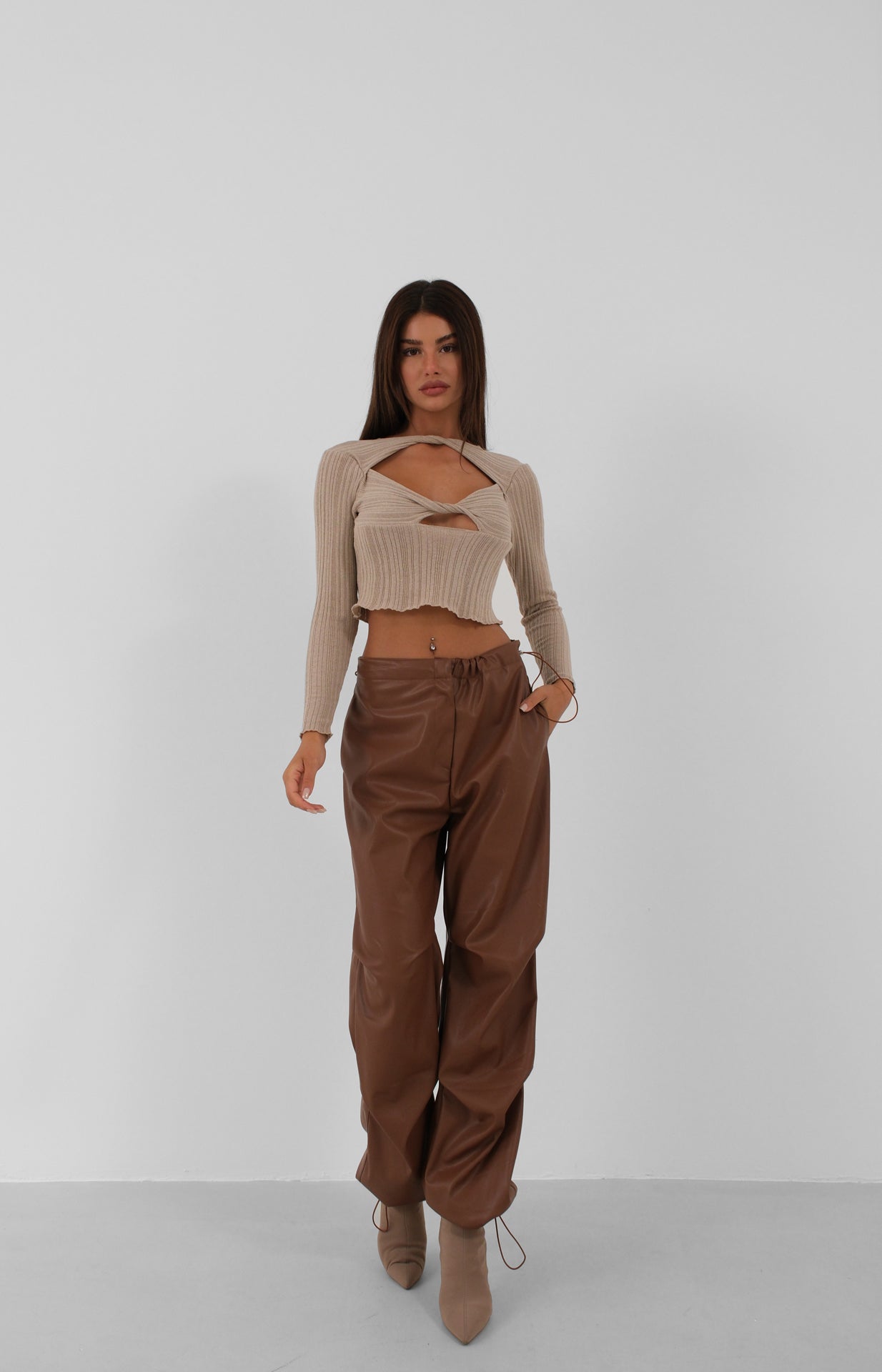 Elastic Waistband Detailed Brown Leather Trousers for Women