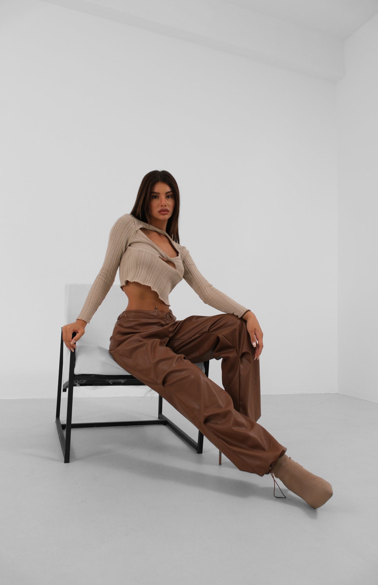 Elastic Waistband Detailed Brown Leather Trousers for Women