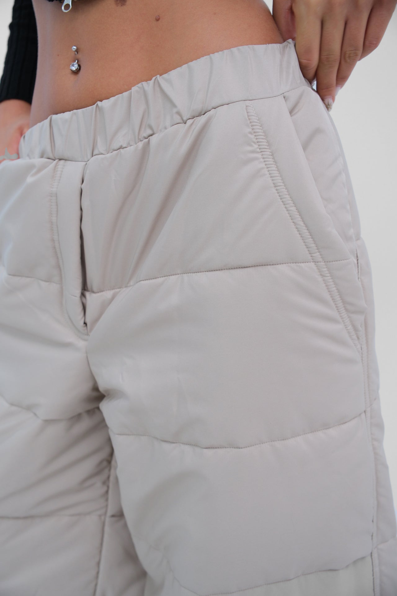 Zipper Detail Beige Quilted Trousers for Women