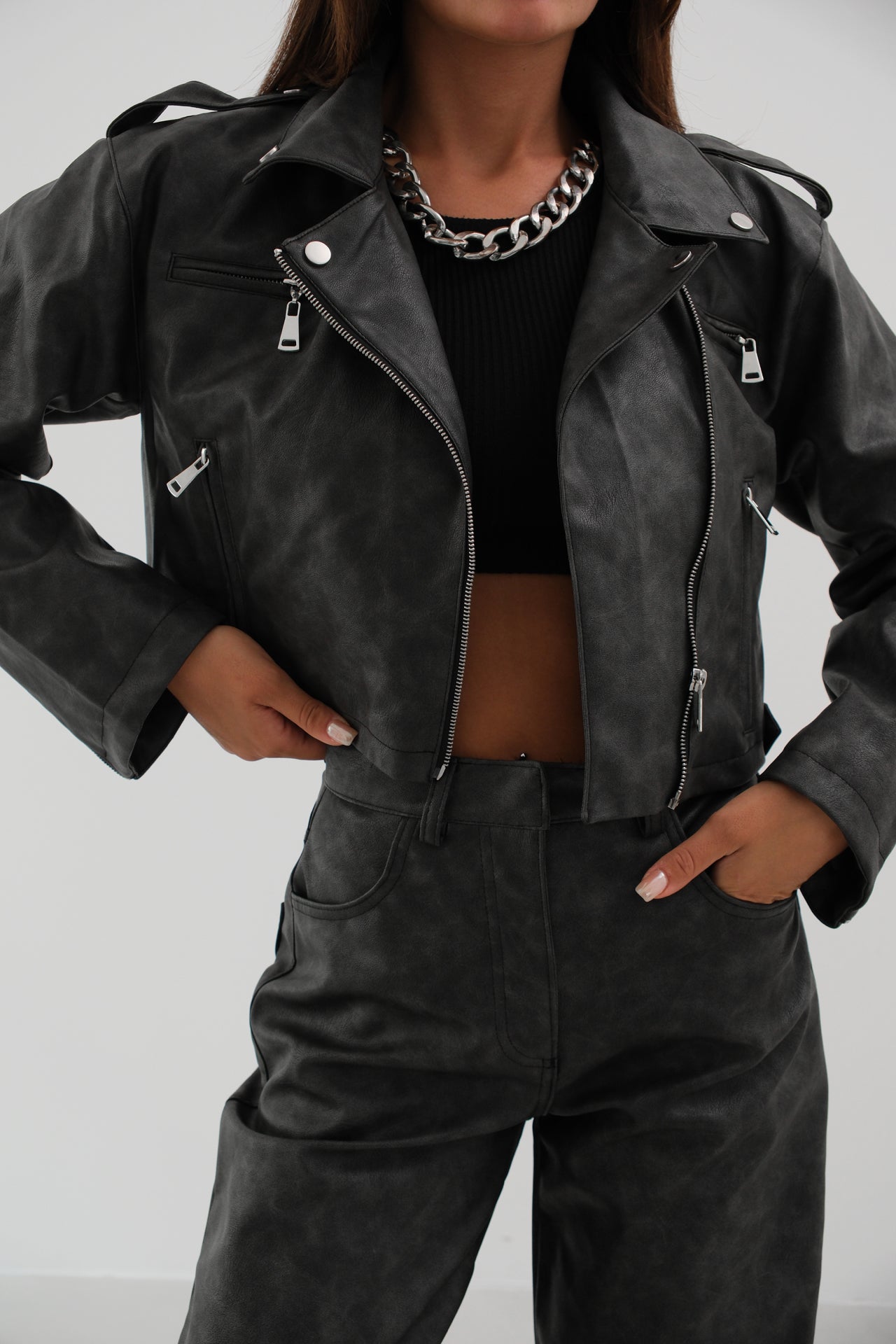 Cropped Gray Leather Jacket with Tumbled Effect for Women