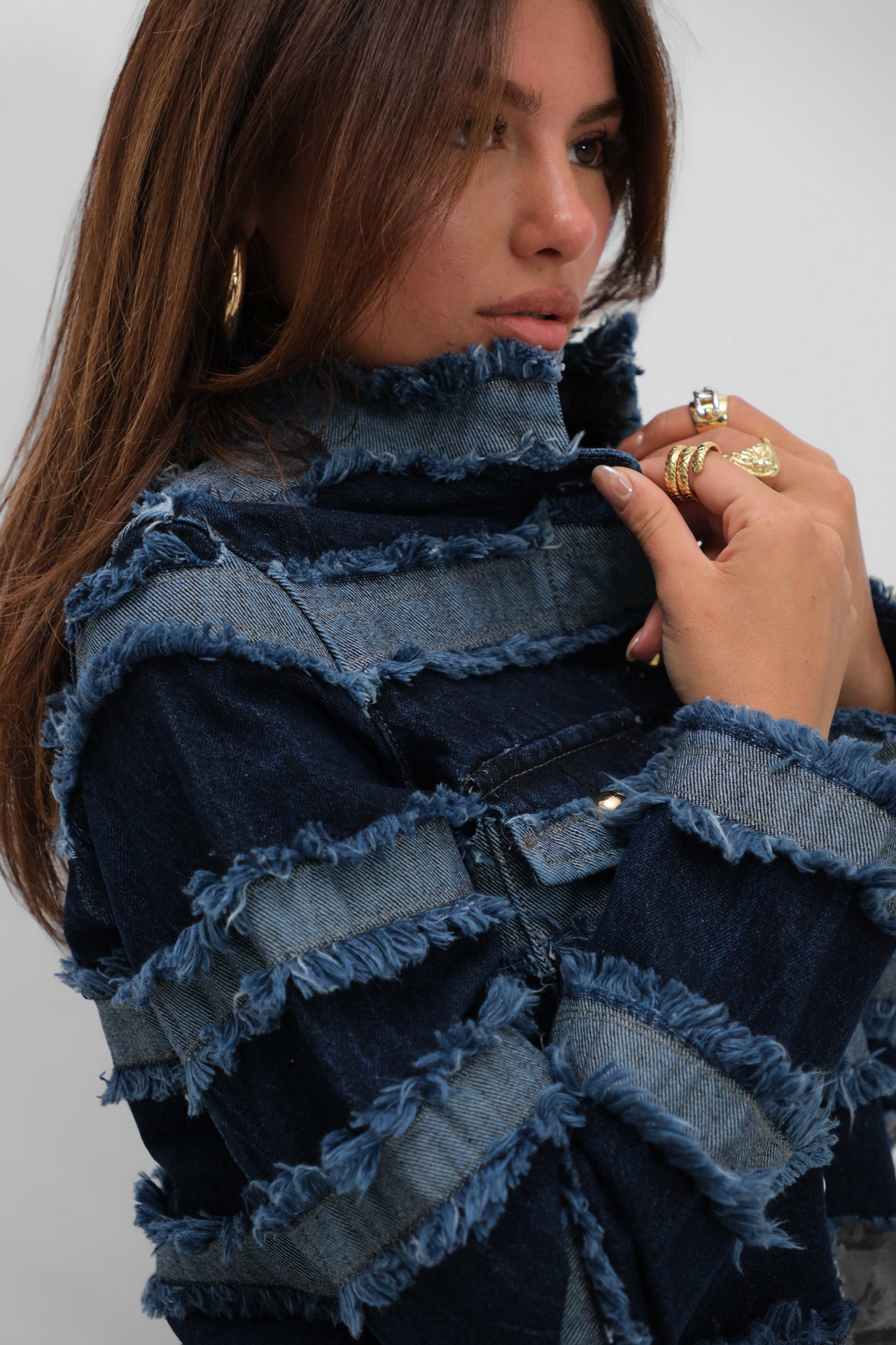 Button-Front Fringed Design Blue Jacket for Women