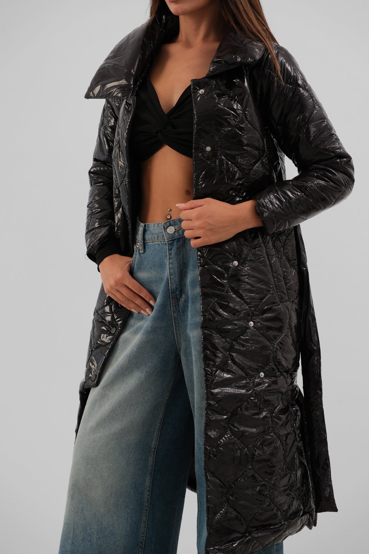 Belted Patent Leather Puffer Maxi Coat in Black for Women