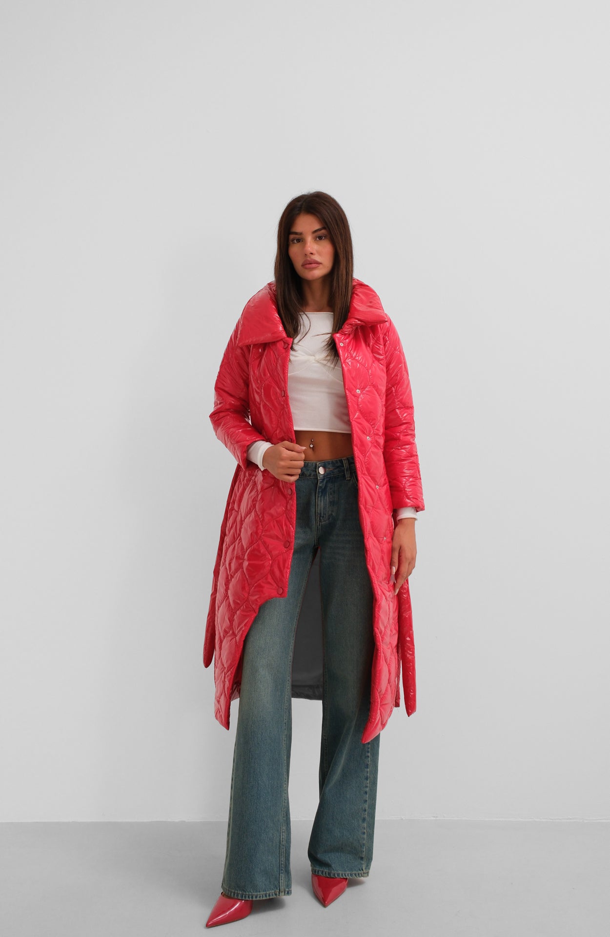 Belted Patent Leather Puffer Maxi Coat in Pink for Women