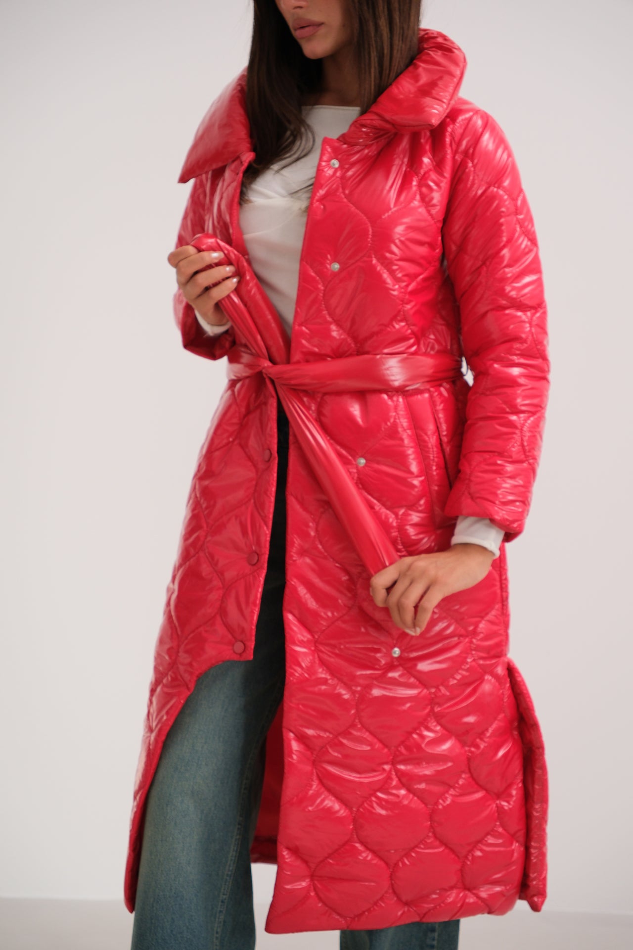 Belted Patent Leather Puffer Maxi Coat in Pink for Women