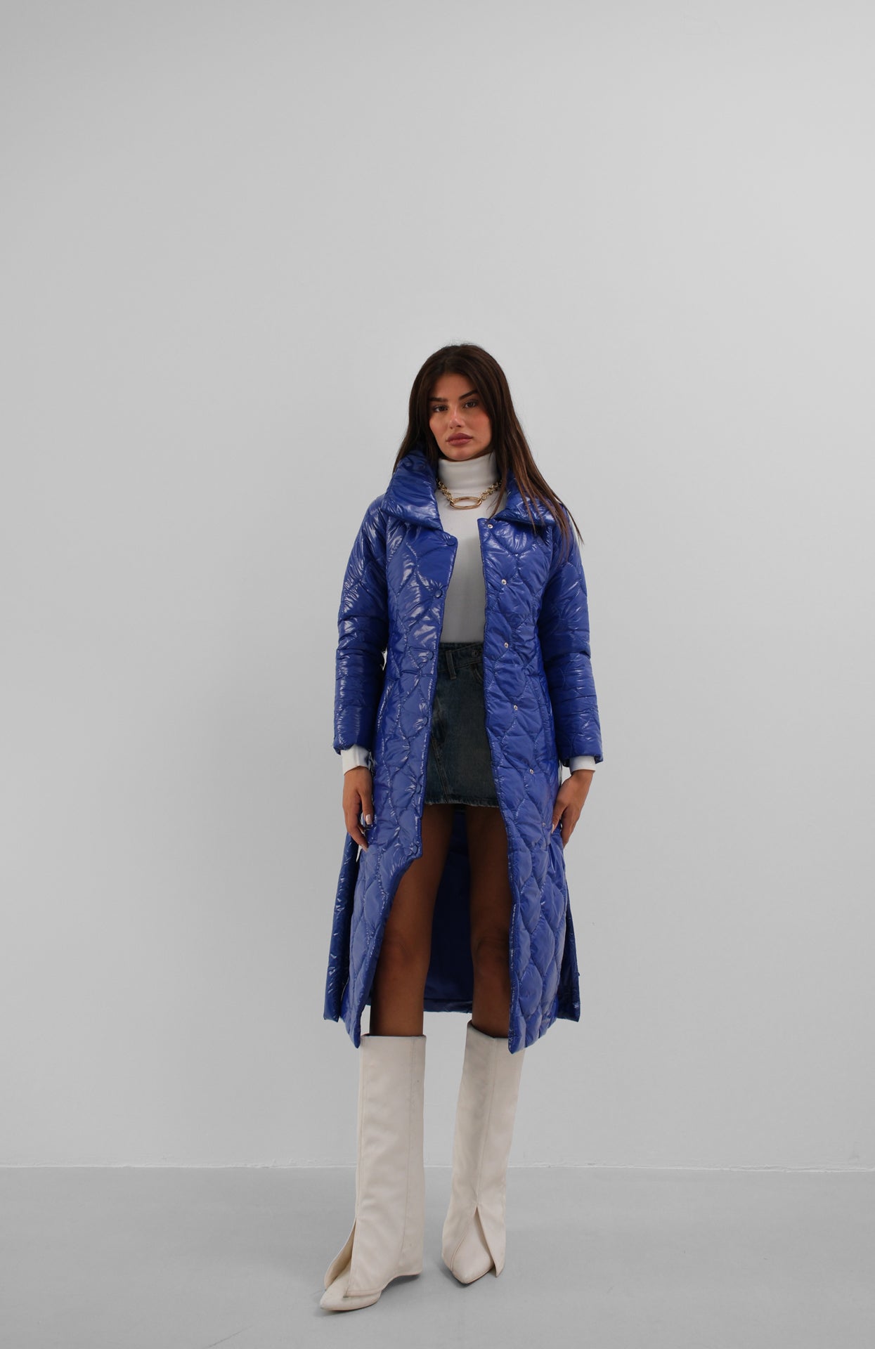 Belted Patent Leather Puffer Maxi Coat in Blue for Women