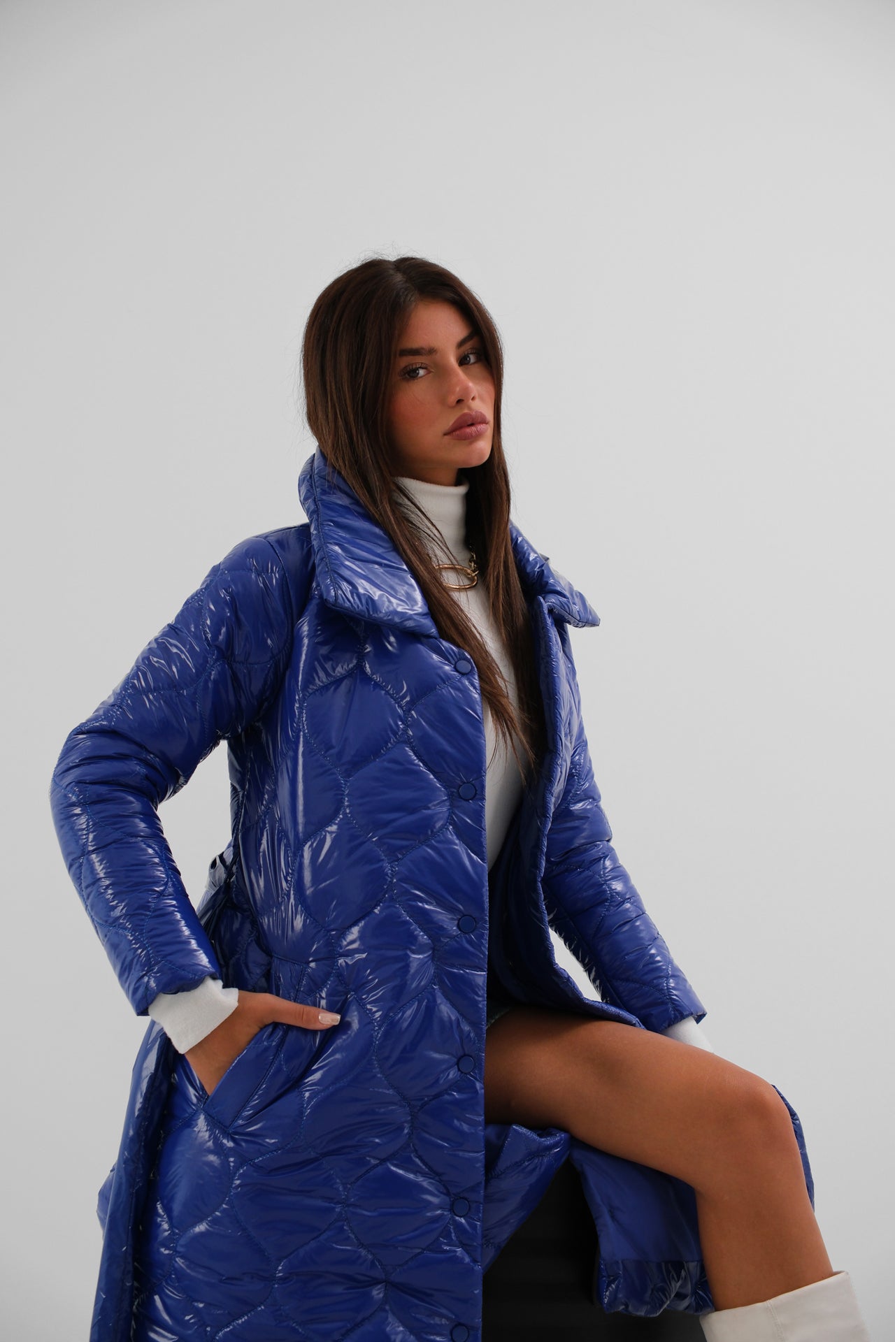 Belted Patent Leather Puffer Maxi Coat in Blue for Women