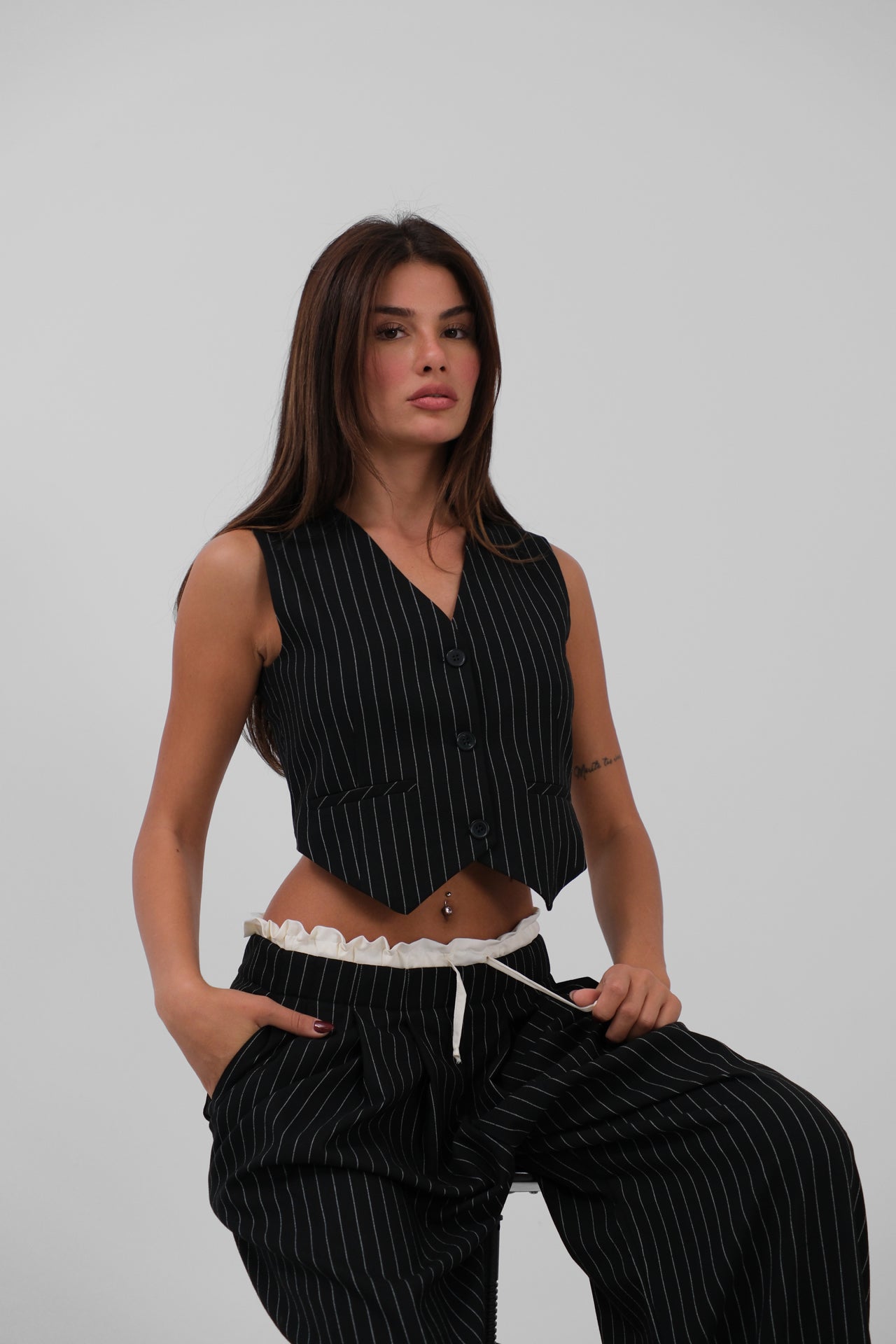 V-Neck Button-Front Black Striped Vest for Women