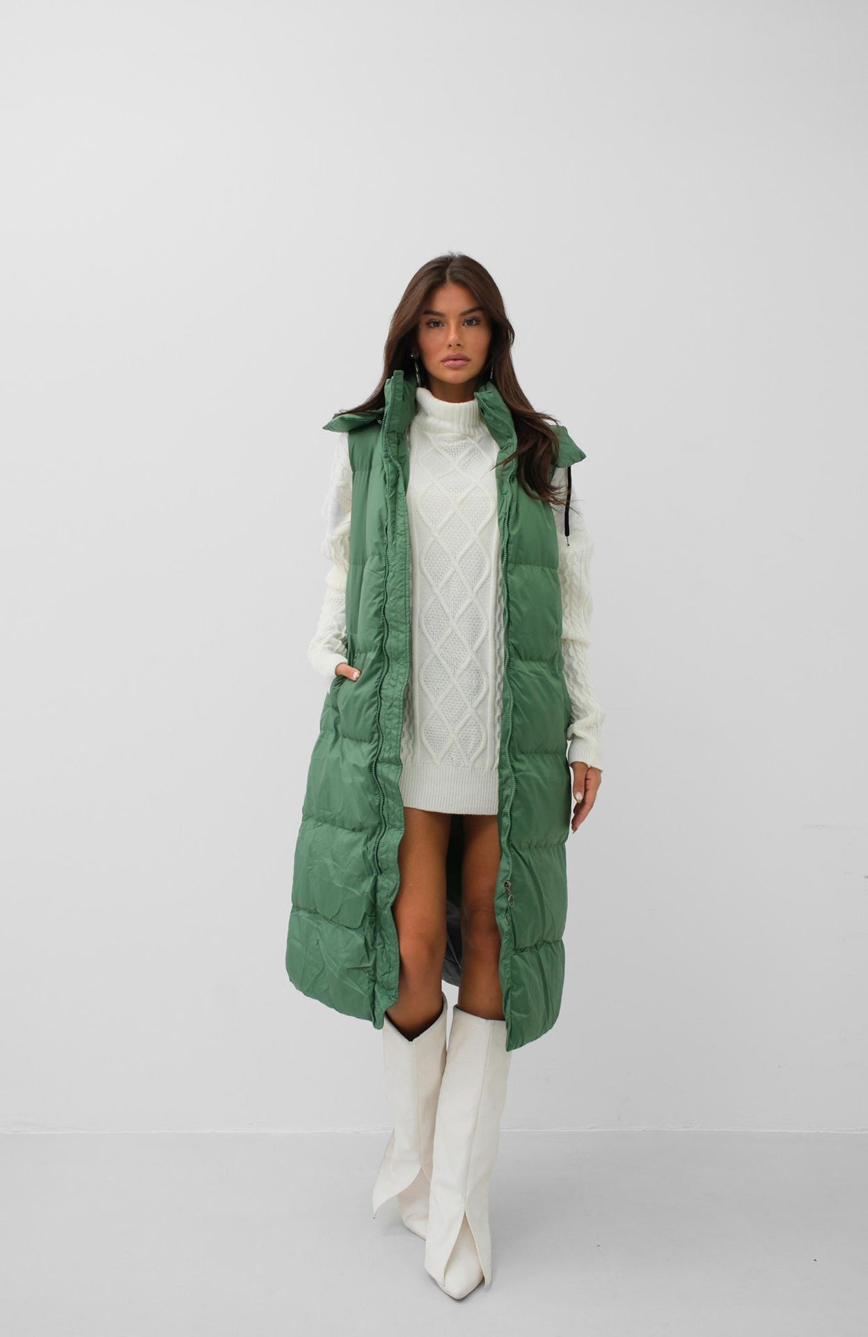 Hooded Zipper Detail Green Long Vest for Women