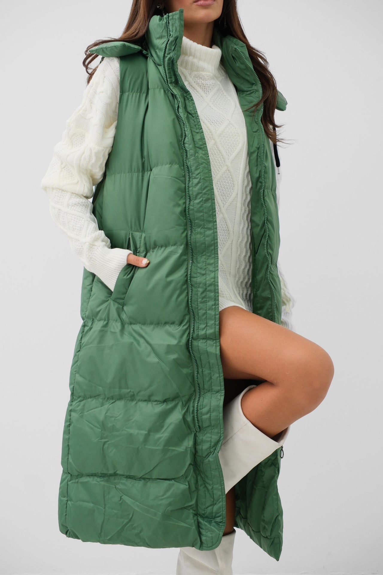 Hooded Zipper Detail Green Long Vest for Women