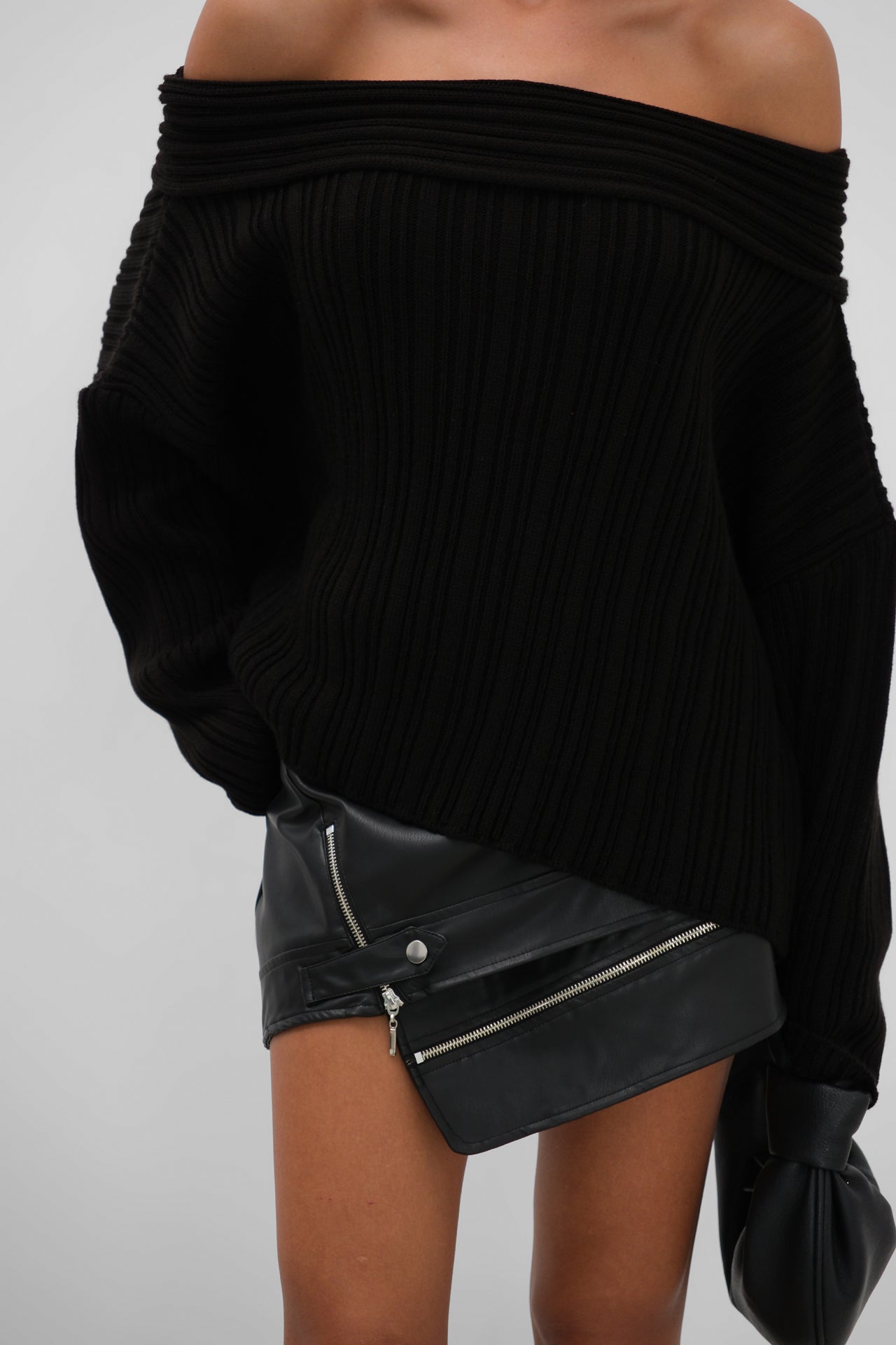 Knitted Black Ribbed Sweater with Off-Shoulder Detail for Women