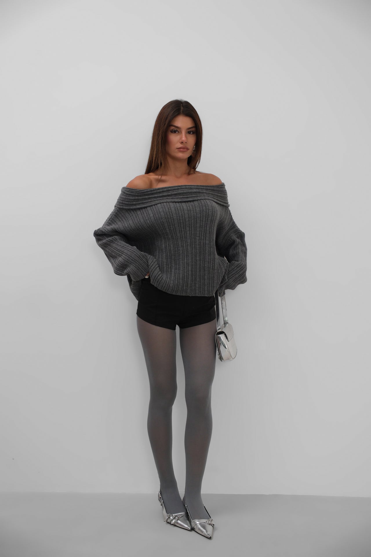 Off-Shoulder Gray Ribbed Knitwear Sweater