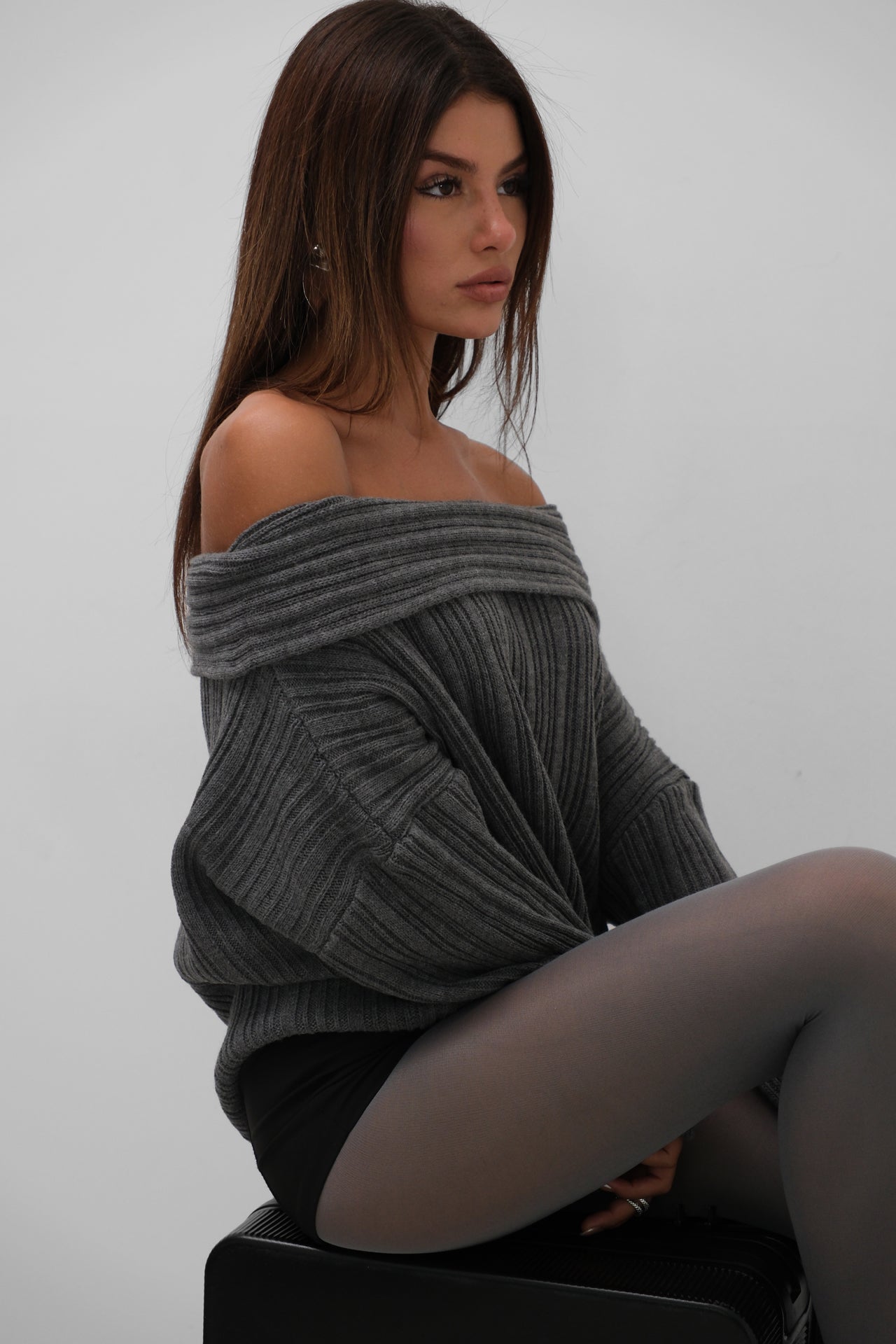 Off-Shoulder Gray Ribbed Knitwear Sweater