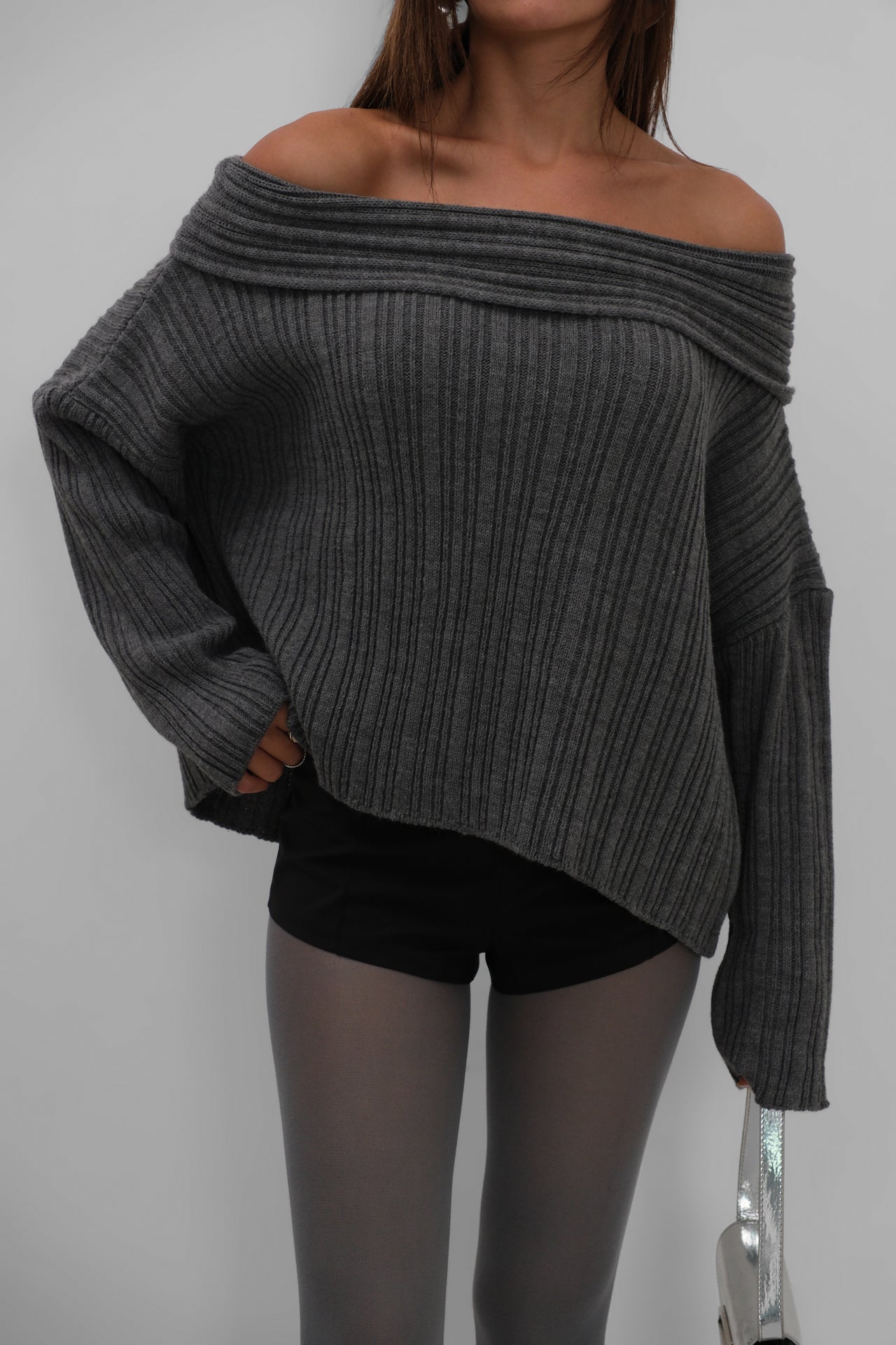 Off-Shoulder Gray Ribbed Knitwear Sweater