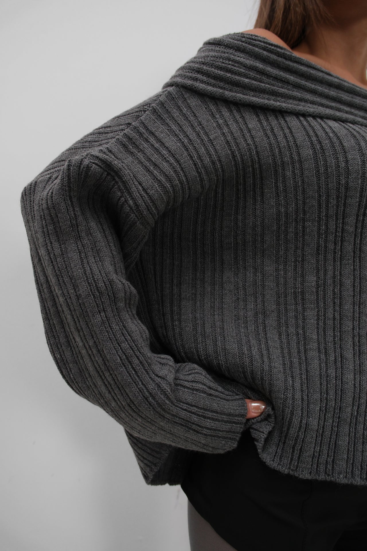 Off-Shoulder Gray Ribbed Knitwear Sweater