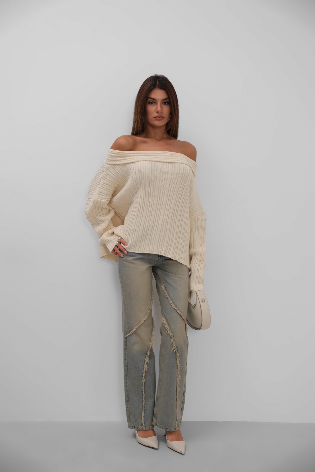 Off-Shoulder Cream Ribbed Knitwear Sweater for Women