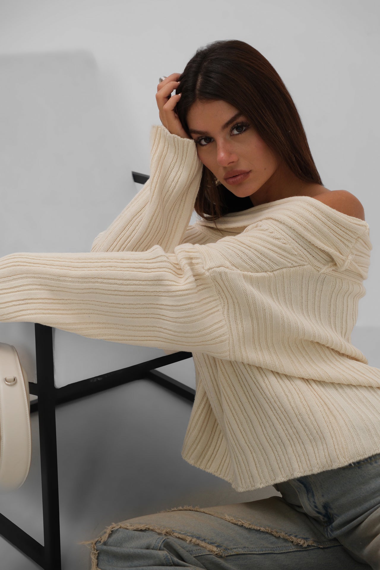 Off-Shoulder Cream Ribbed Knitwear Sweater for Women