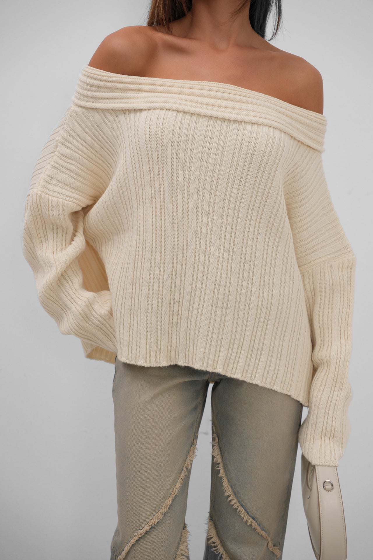 Off-Shoulder Cream Ribbed Knitwear Sweater for Women