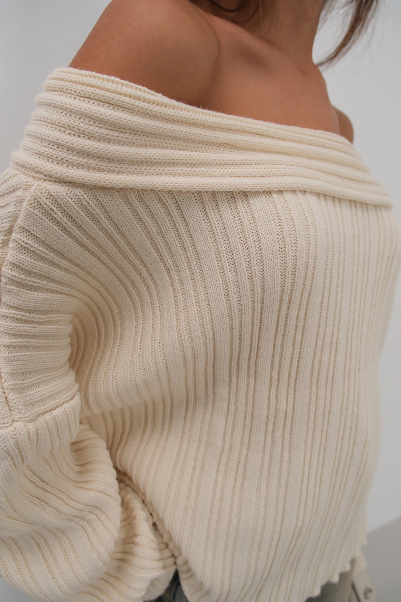 Off-Shoulder Cream Ribbed Knitwear Sweater for Women