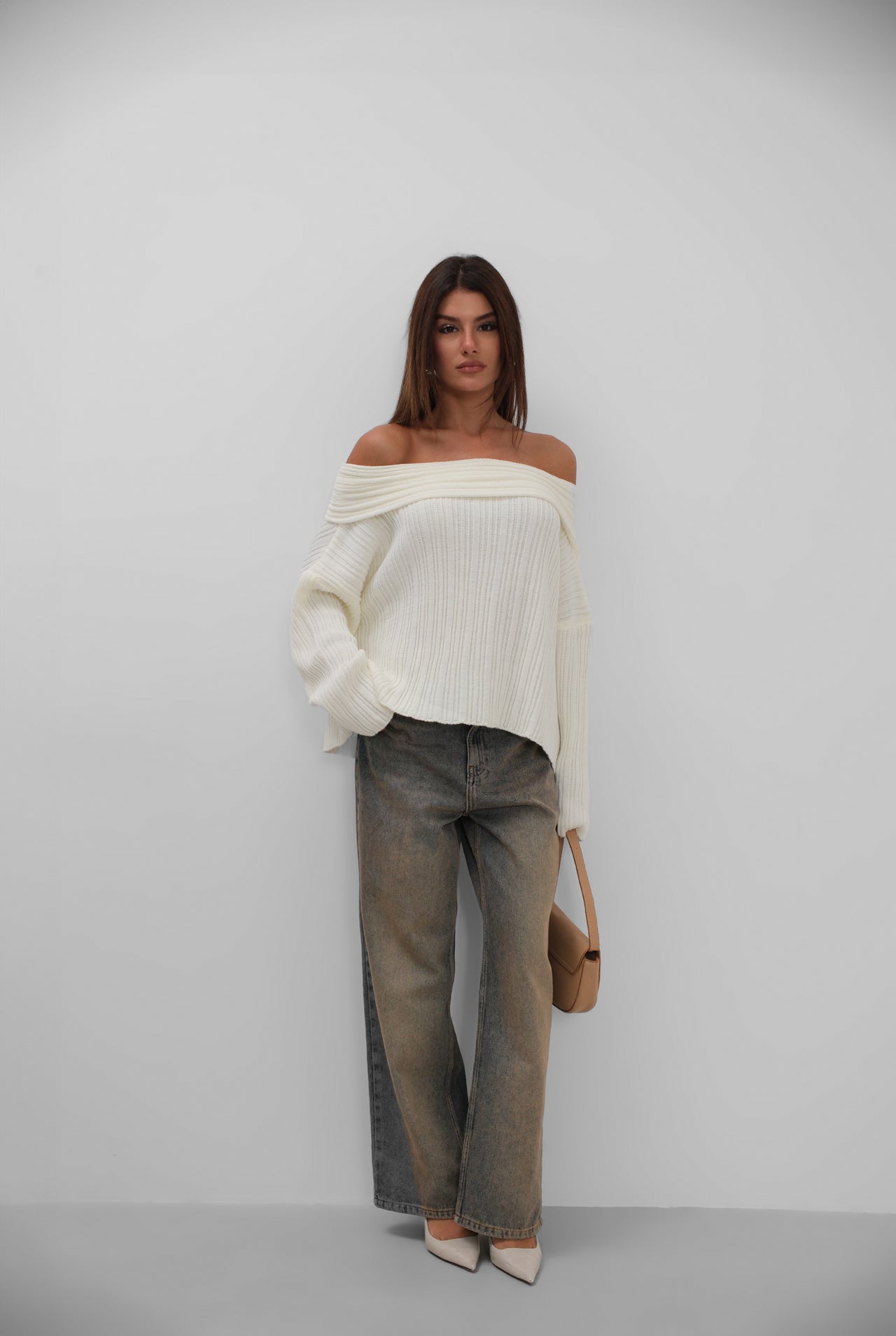 Off-Shoulder White Knitted Sweater with Ribbed Detail for Women