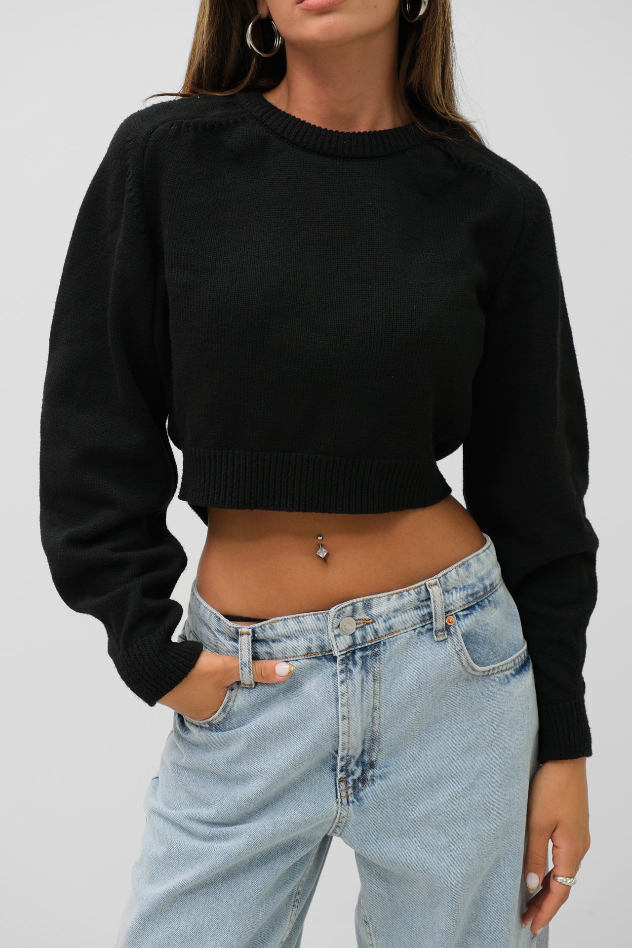 Ribbed Cropped Black Knitwear Sweater with Turtleneck for Women