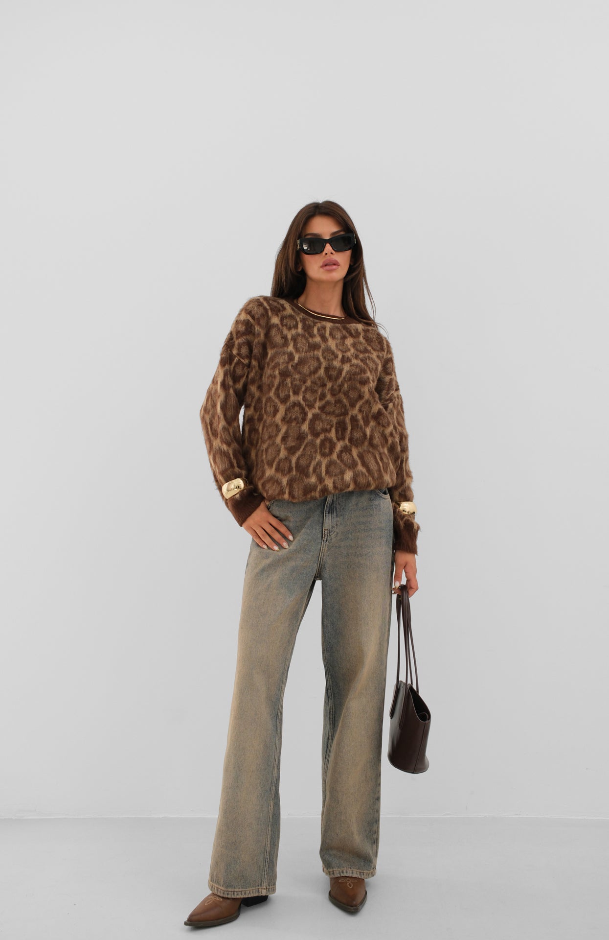 Leopard Patterned Bearded Knitwear Sweater