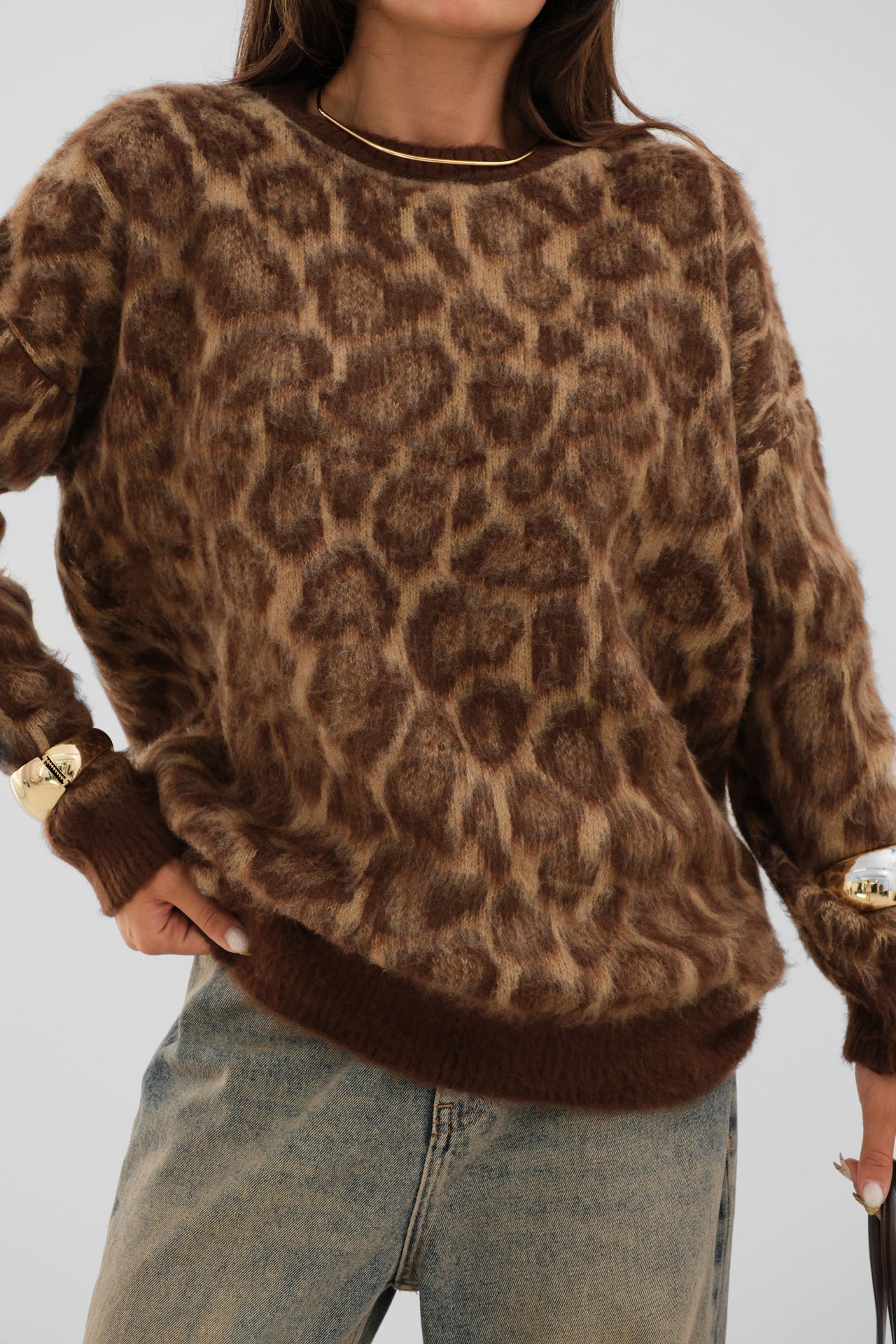 Leopard Patterned Bearded Knitwear Sweater