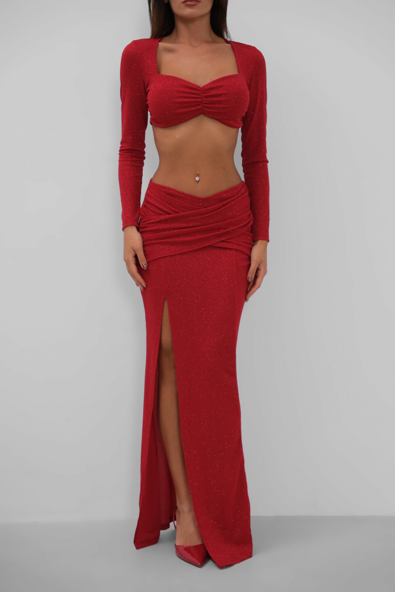 U-Neck Slit Detail Red Skirt Set