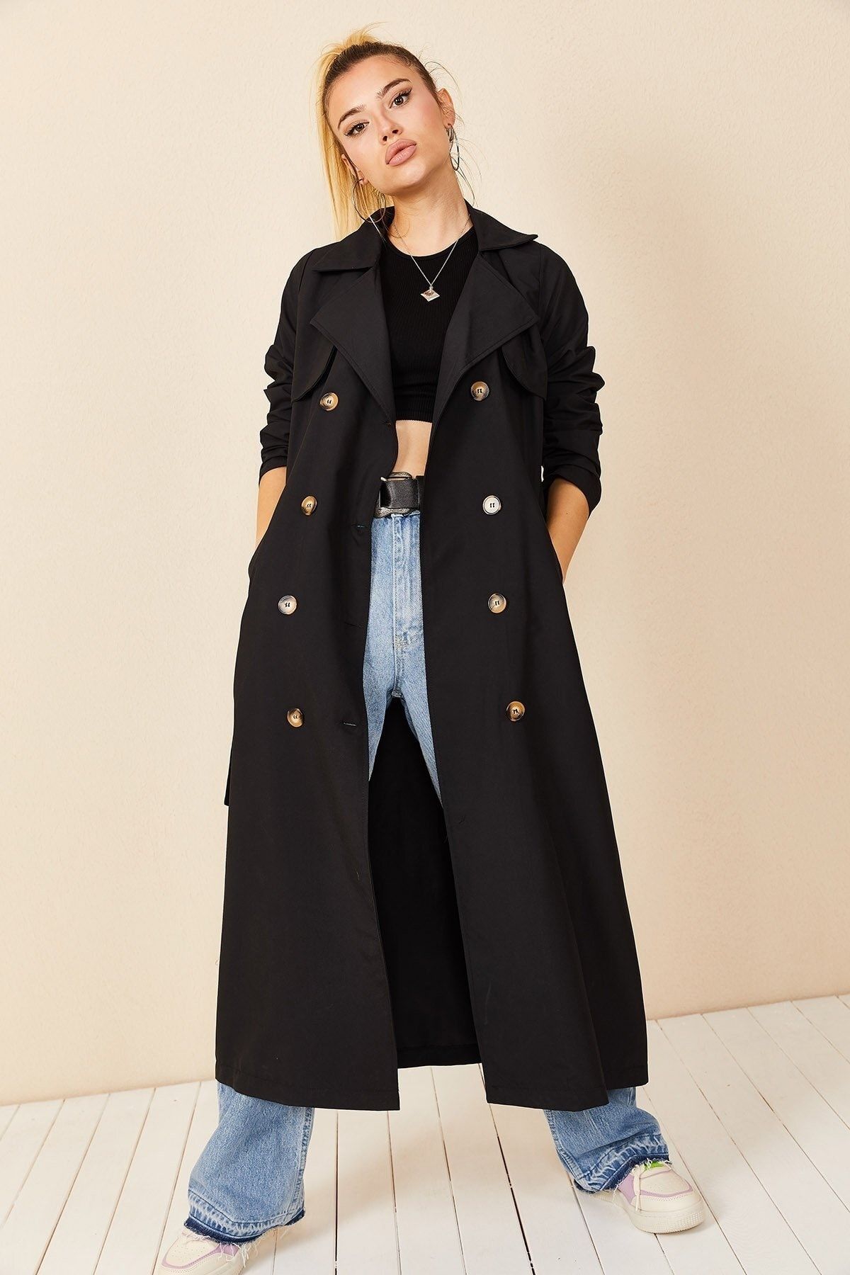 Double-Breasted Button Detailed Black Trench Coat for Women